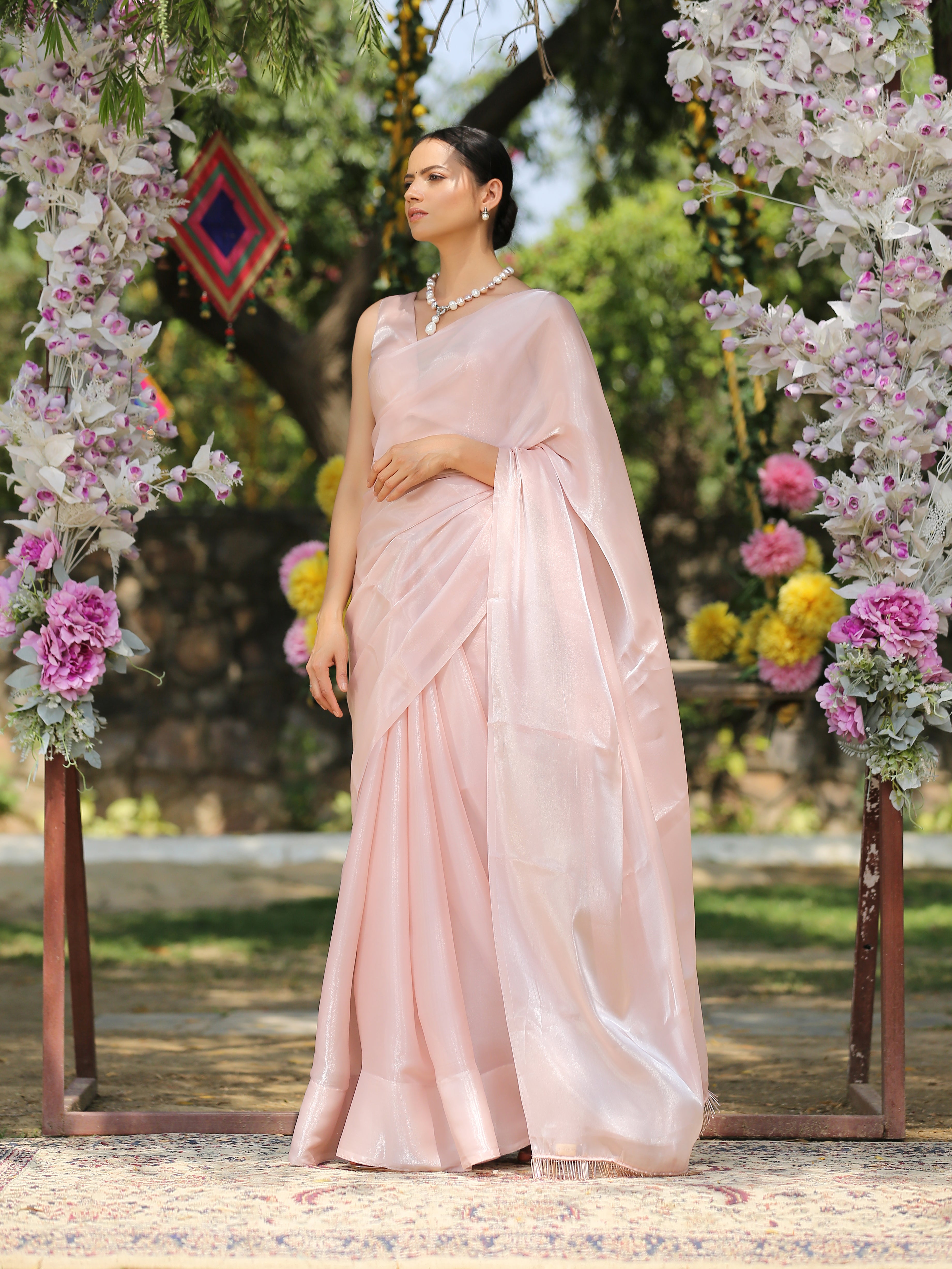 Pink Champagne Organza Saree with Lace