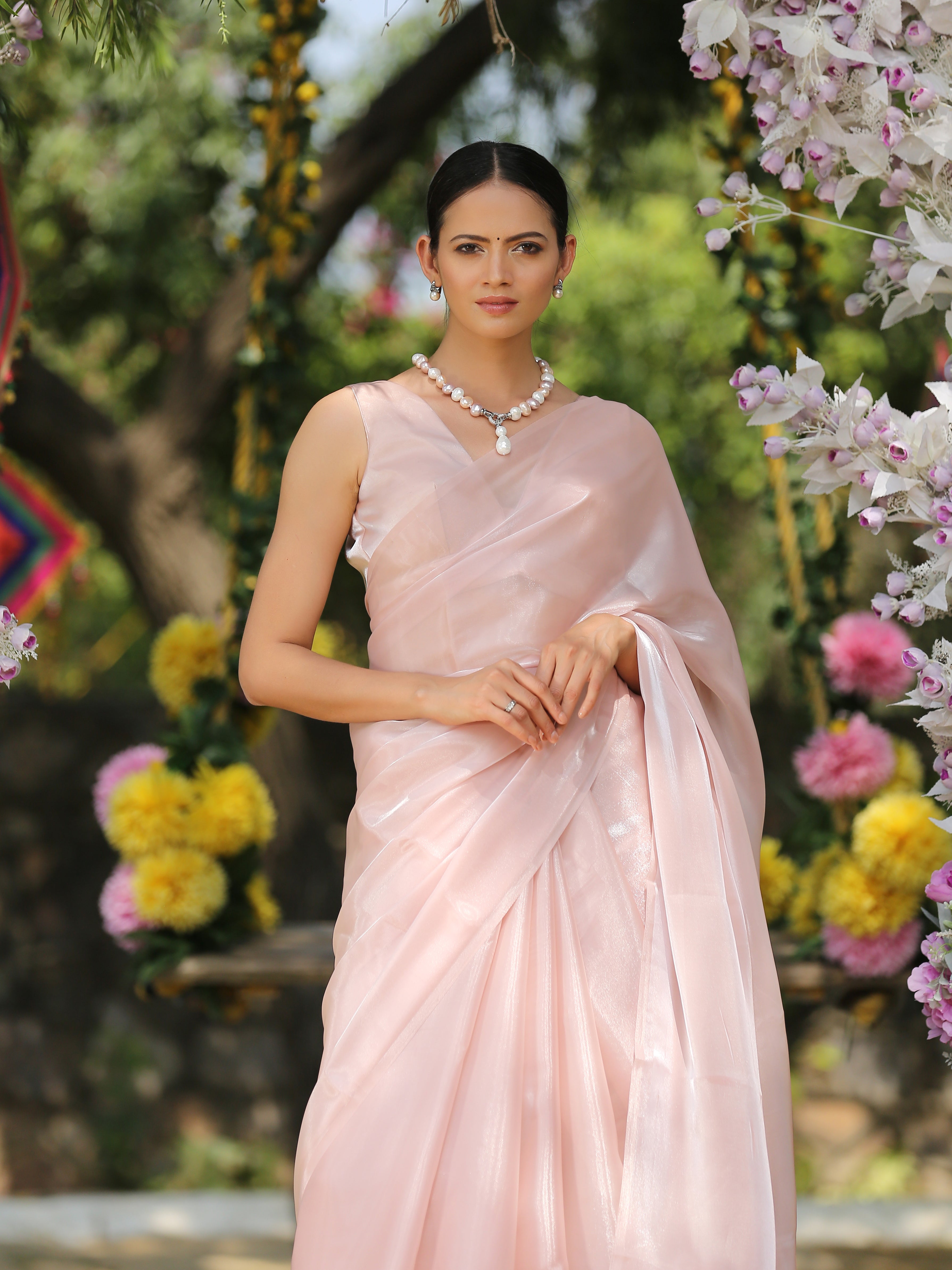 Pink Champagne Organza Saree with Lace