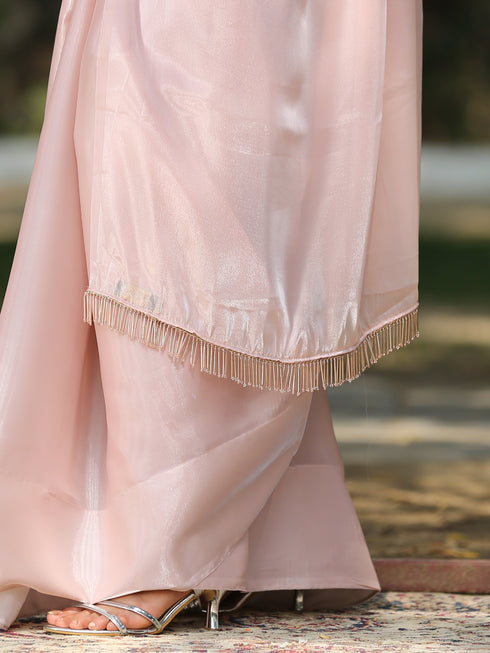 Pink Champagne Organza Saree with Lace