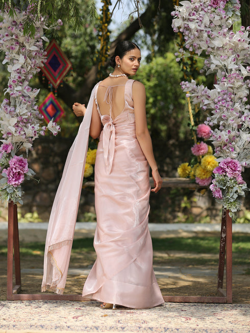 SET | Pink Champagne Saree With Blouse - 2 Piece