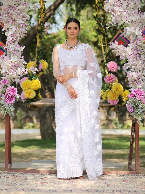 SET I Angel White Net Saree with Embroidery & Scalloping + Blouse