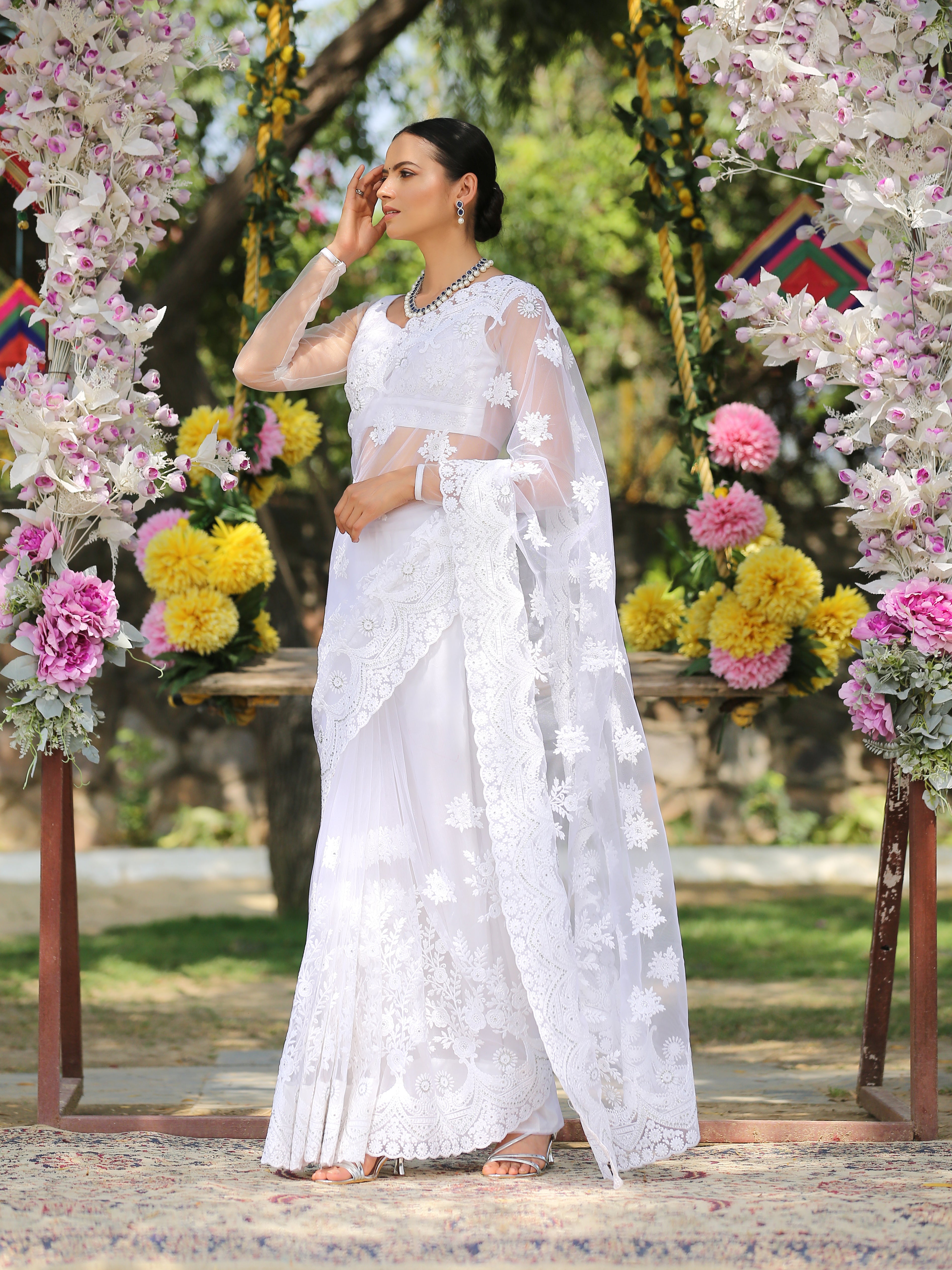 SET I Angel White Net Saree with Embroidery & Scalloping + Blouse