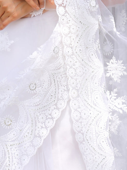Angel White Net Saree with Embroidery & Scalloping