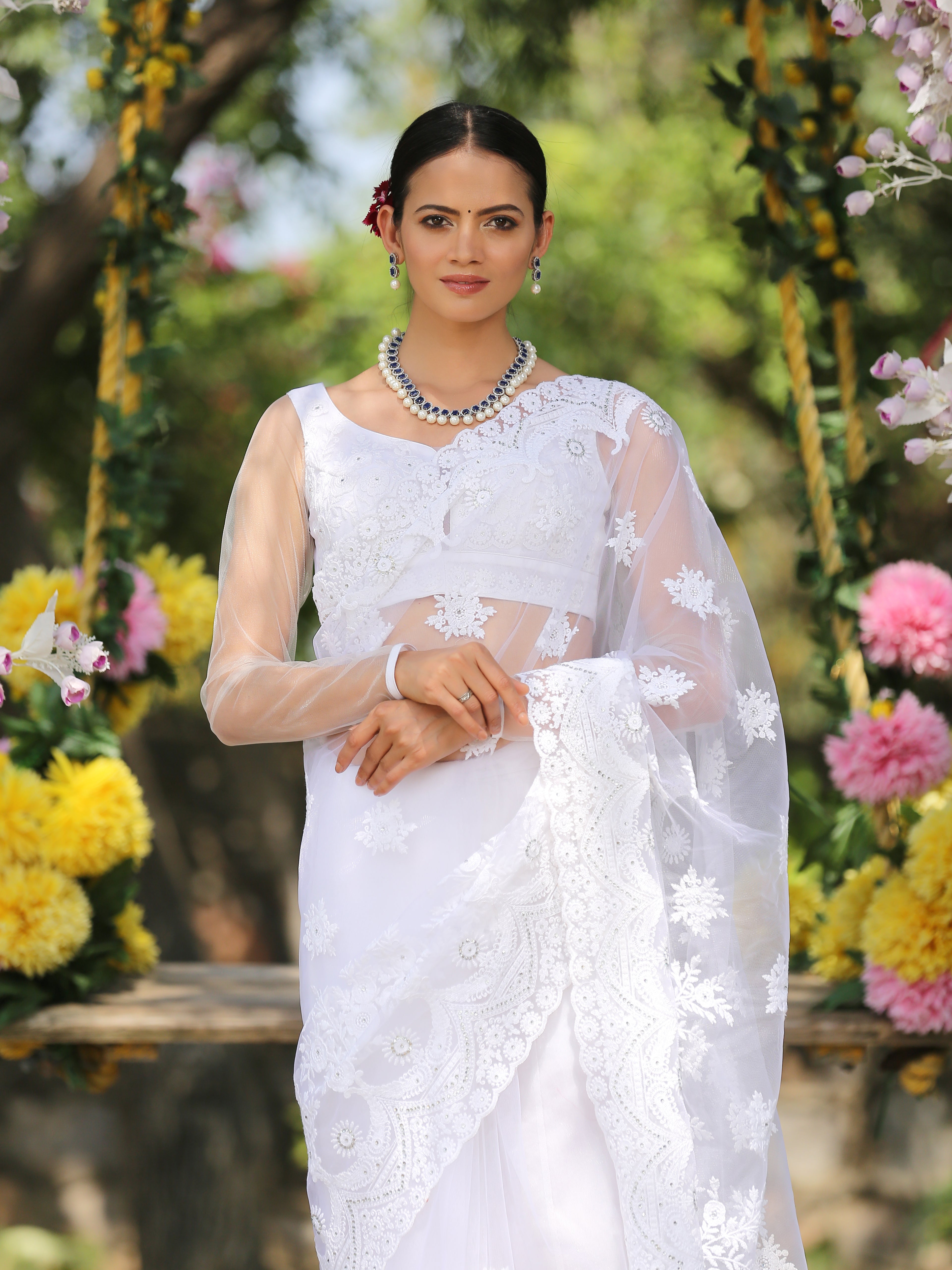 SET I Angel White Net Saree with Embroidery & Scalloping + Blouse