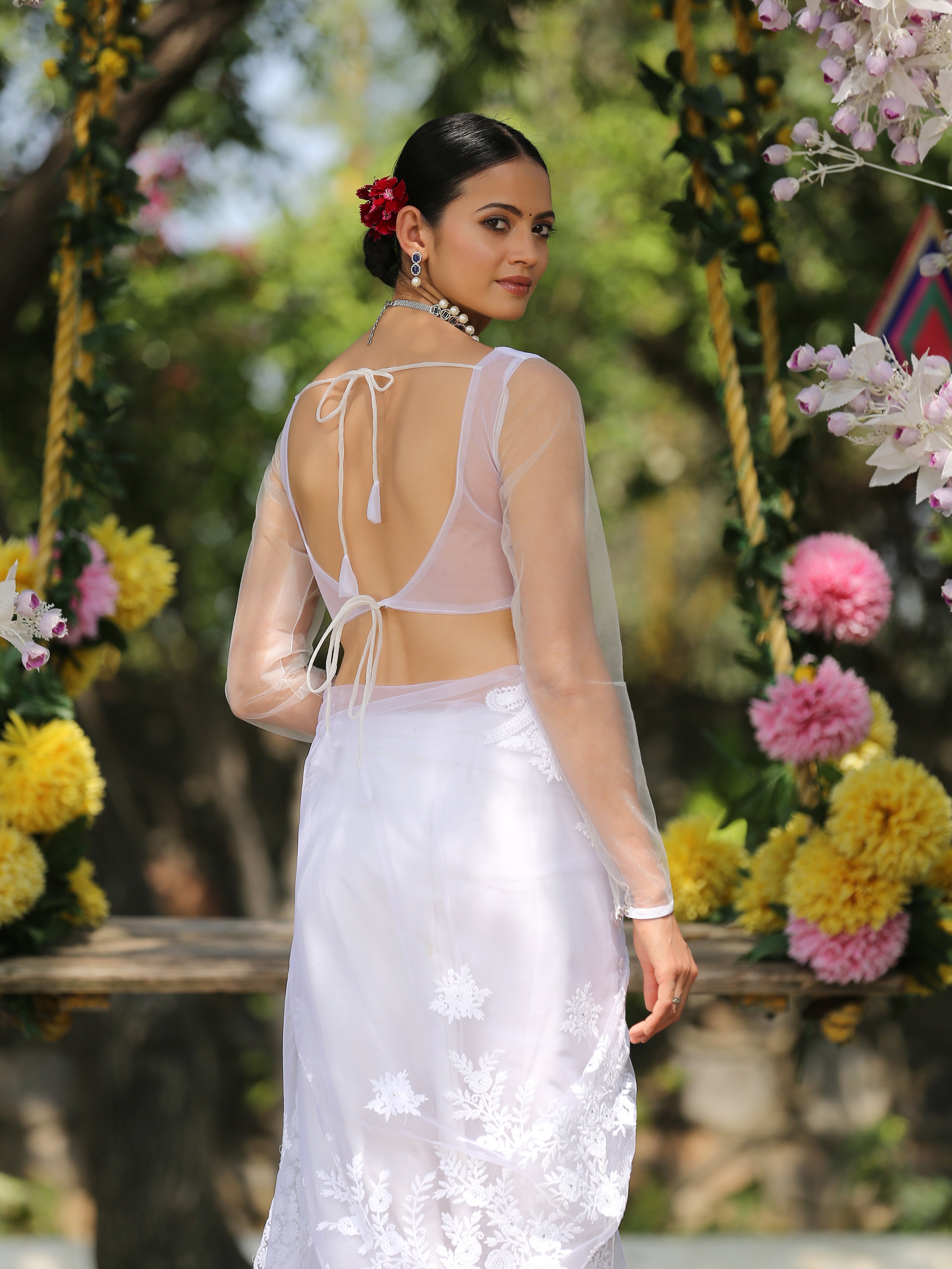 SET I Angel White Net Saree with Embroidery & Scalloping + Blouse