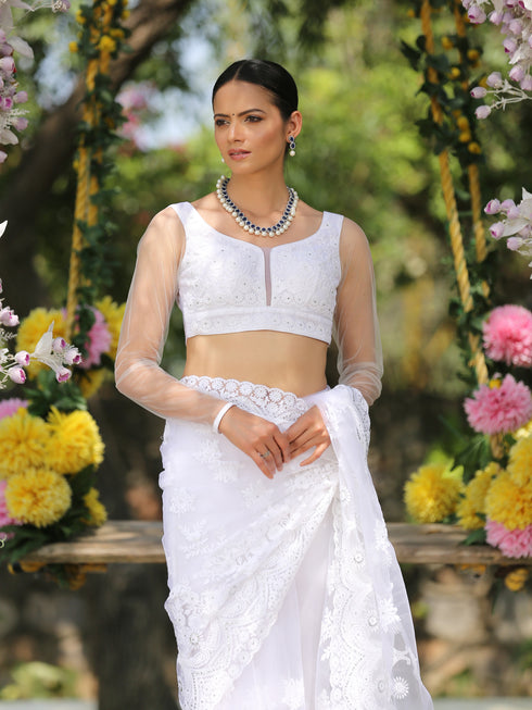 SET I Angel White Net Saree with Embroidery & Scalloping + Blouse