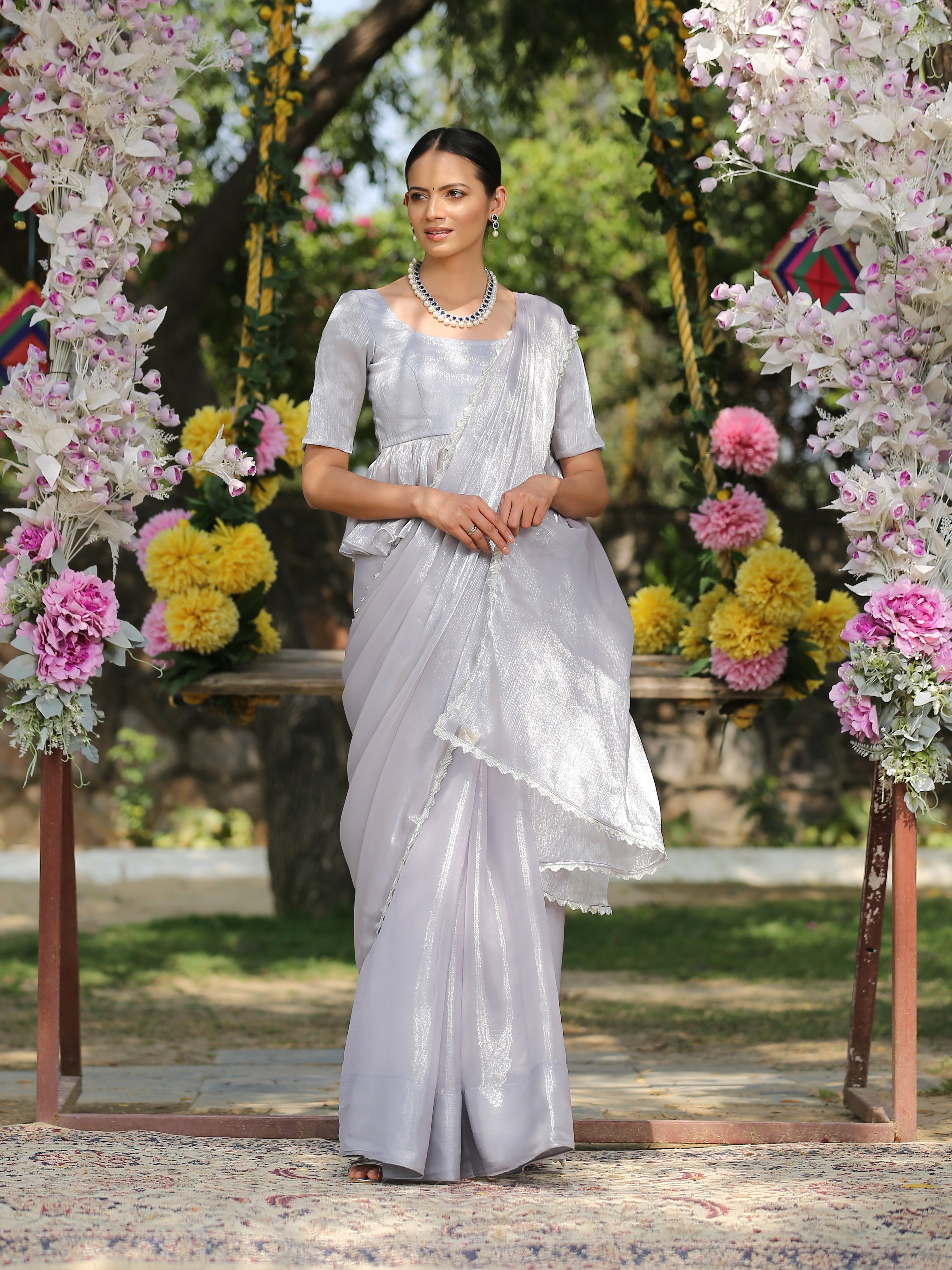 Silver Ice Saree with Lace