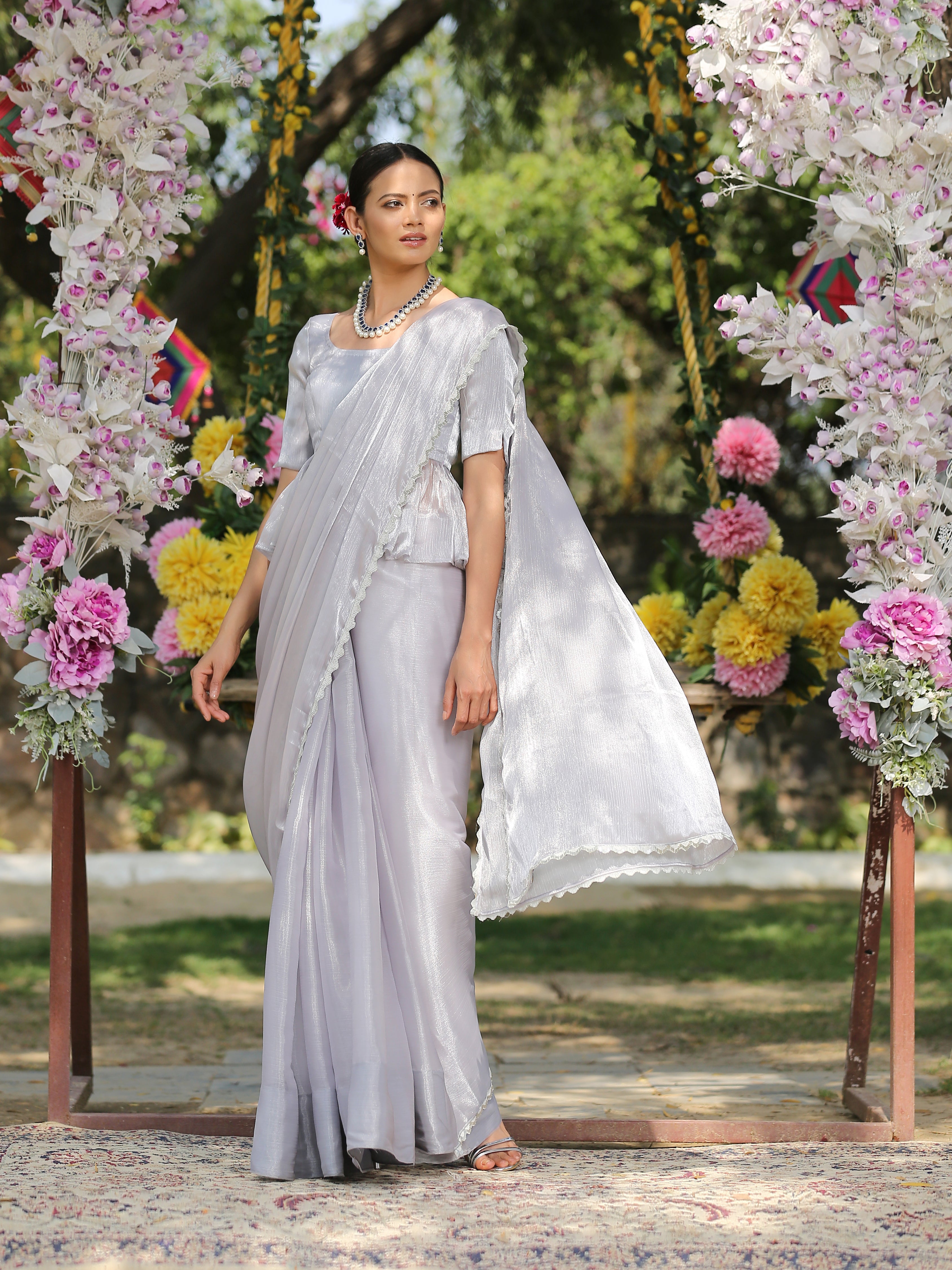 Silver Ice Saree with Lace