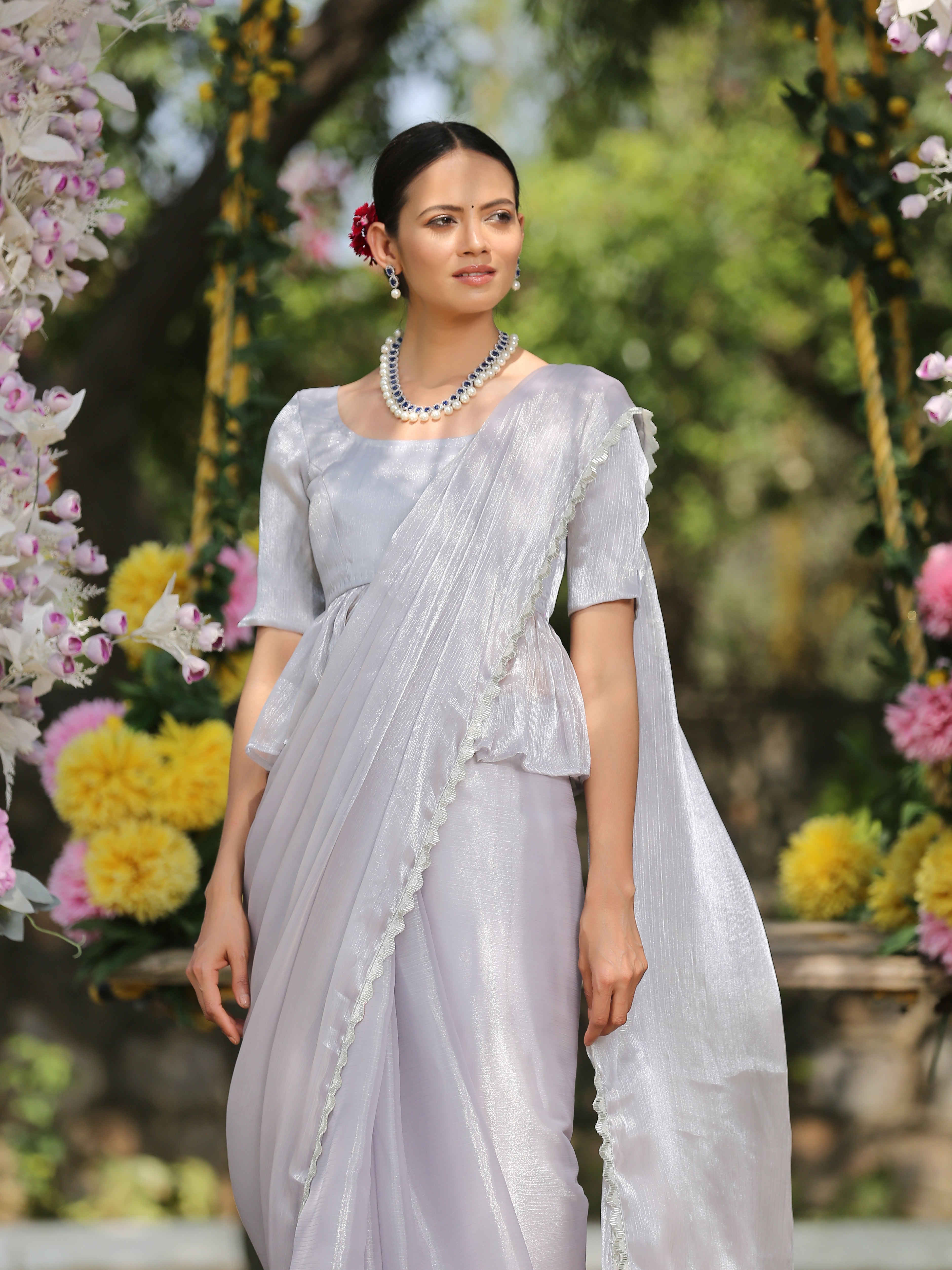 Silver Ice Saree with Lace