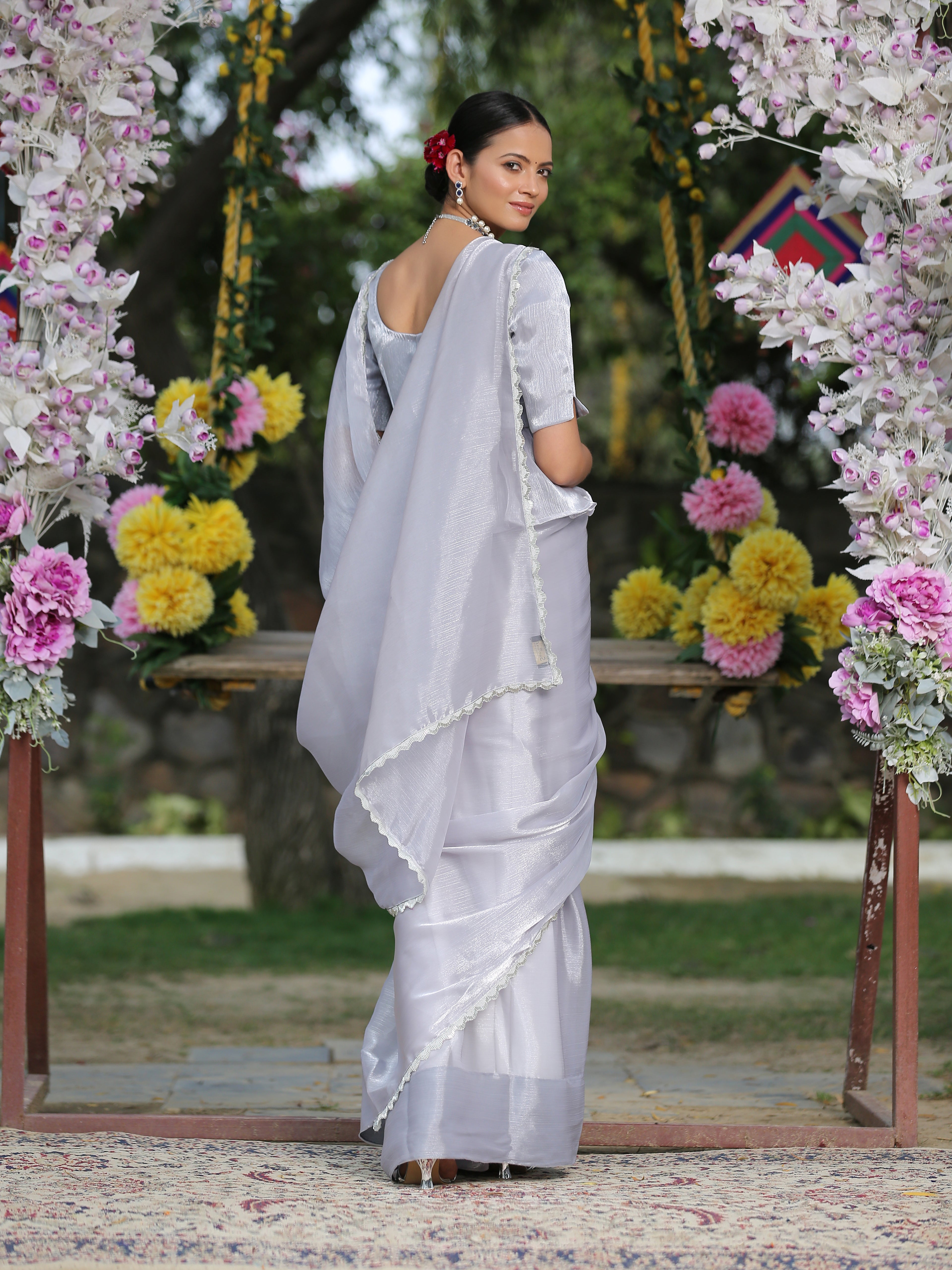 Silver Ice Saree with Lace