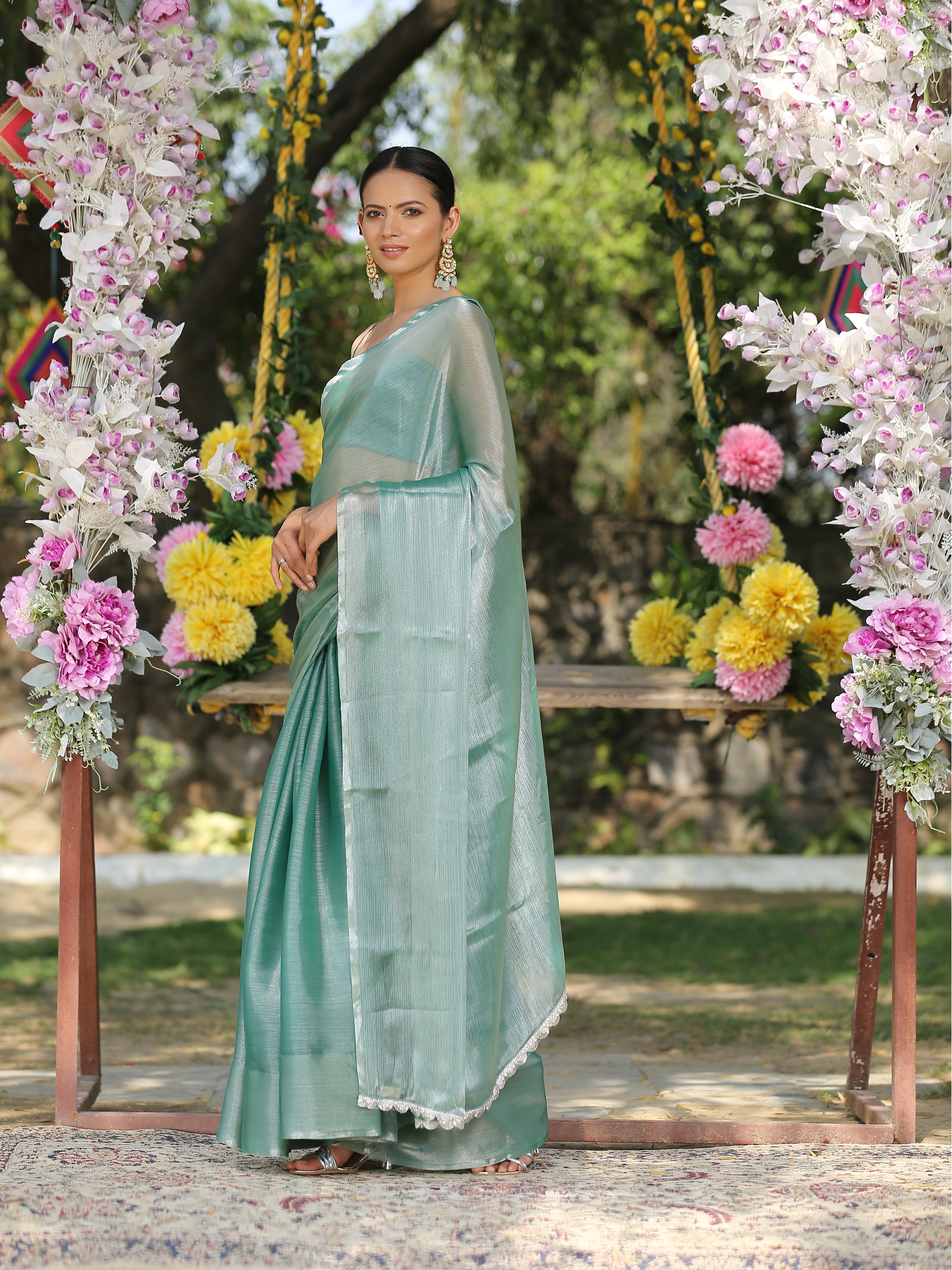 SET | Diamond Green Saree with Silver Lace + Blouse + Belt