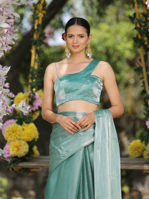 SET | Diamond Green Saree with Silver Lace + Blouse + Belt