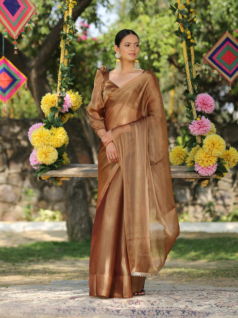SET | Pure Gold Saree with Mirror Lace + Blouse + Belt
