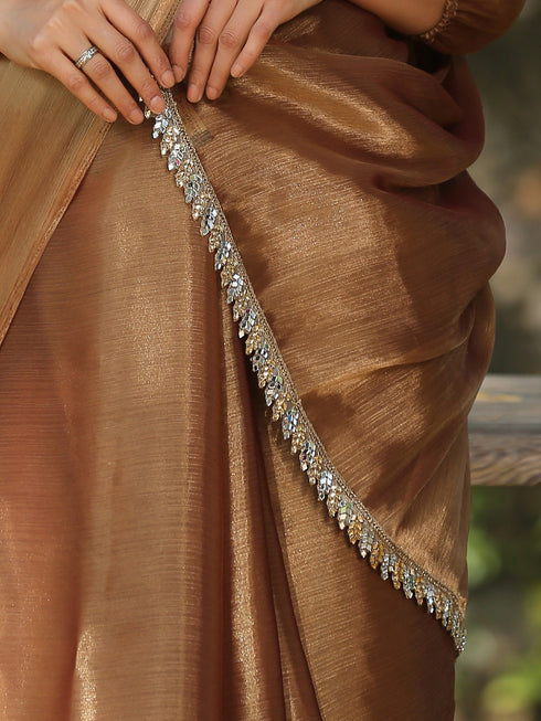 Pure Gold Organza Saree with Mirror Lace