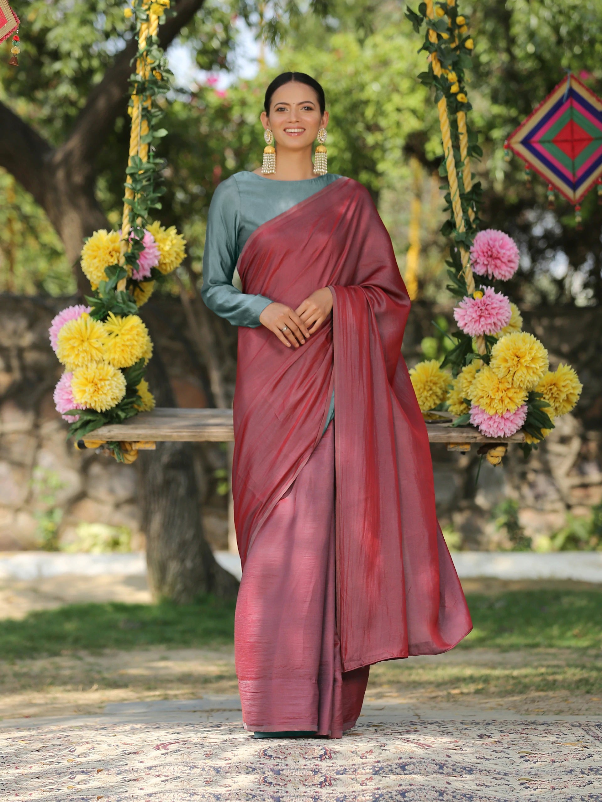 Ghazal red & grey paradise satin saree with pendants — view 3
