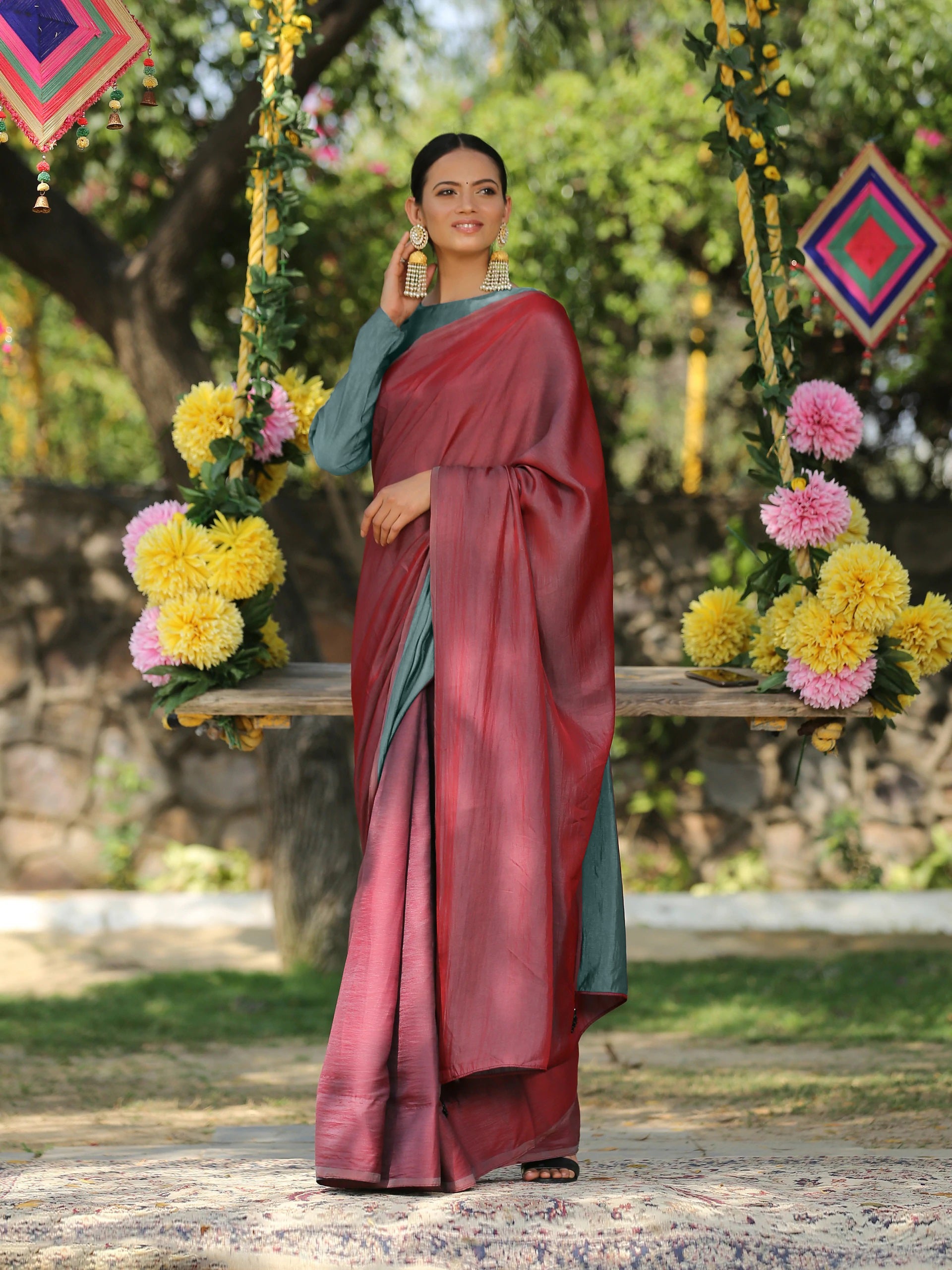 Ghazal red & grey paradise satin saree with pendants — view 4