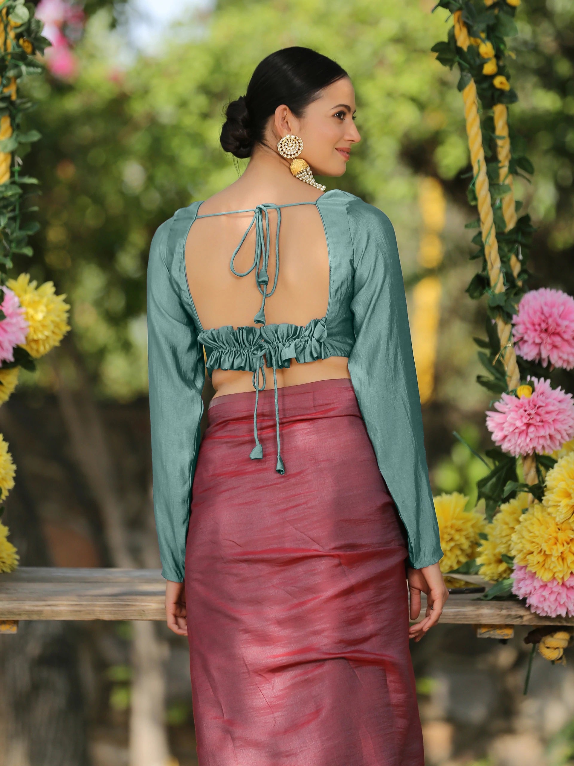 SET | Ghazal Red & Grey Paradise Satin Saree with Pendants + Blouse