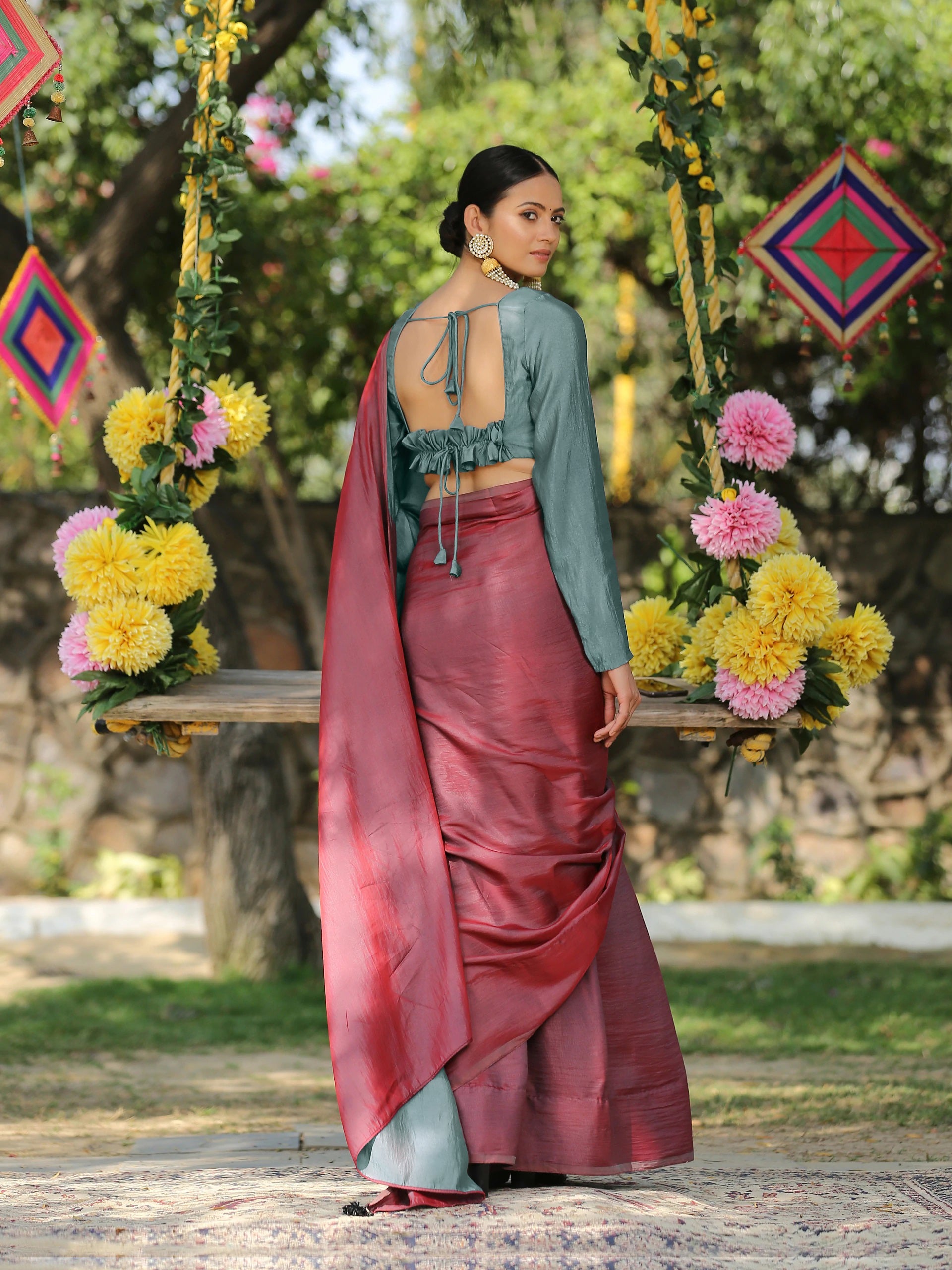 Ghazal red & grey paradise satin saree with pendants — view 2