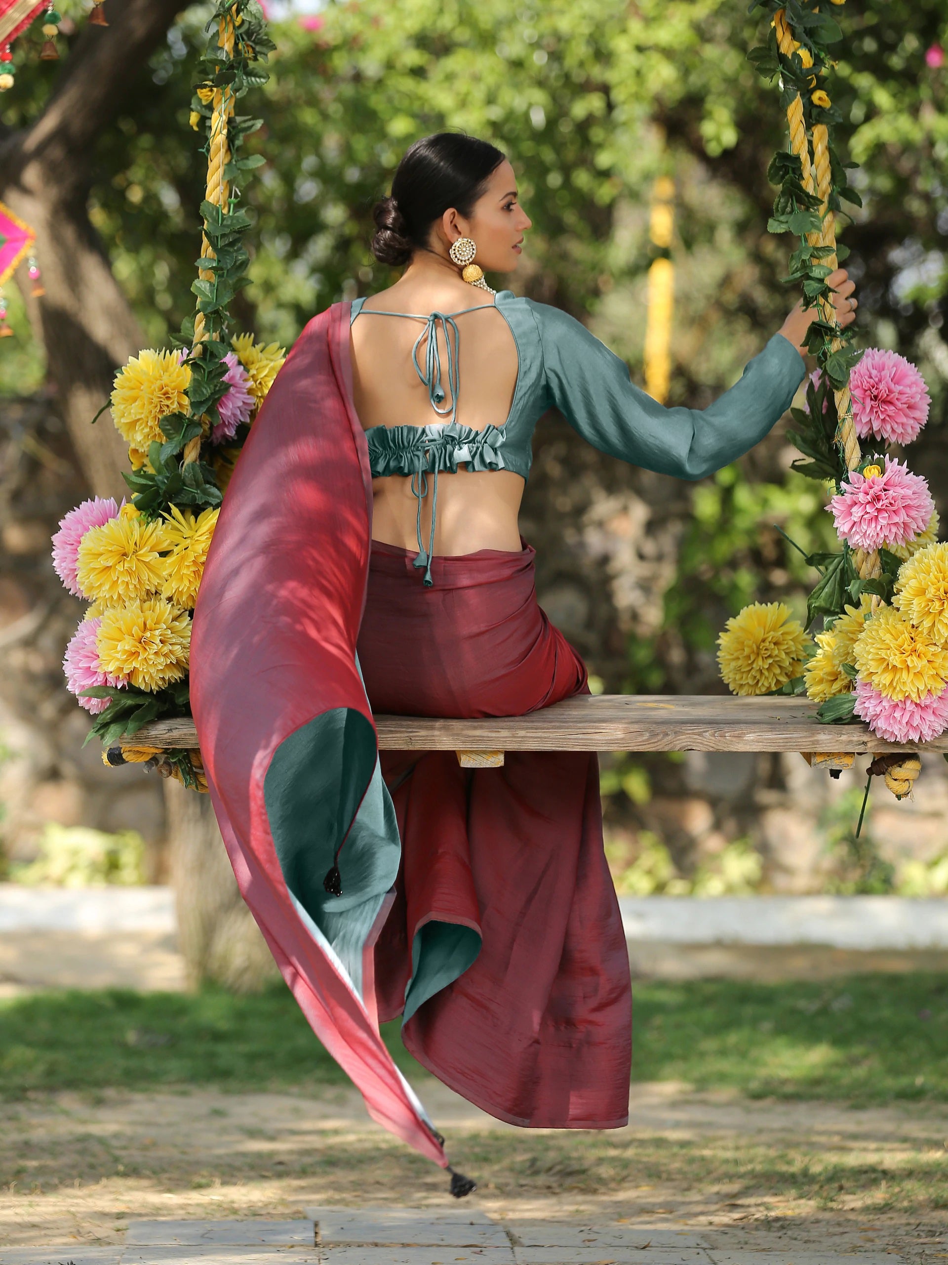 Ghazal red & grey paradise satin saree with pendants — view 5