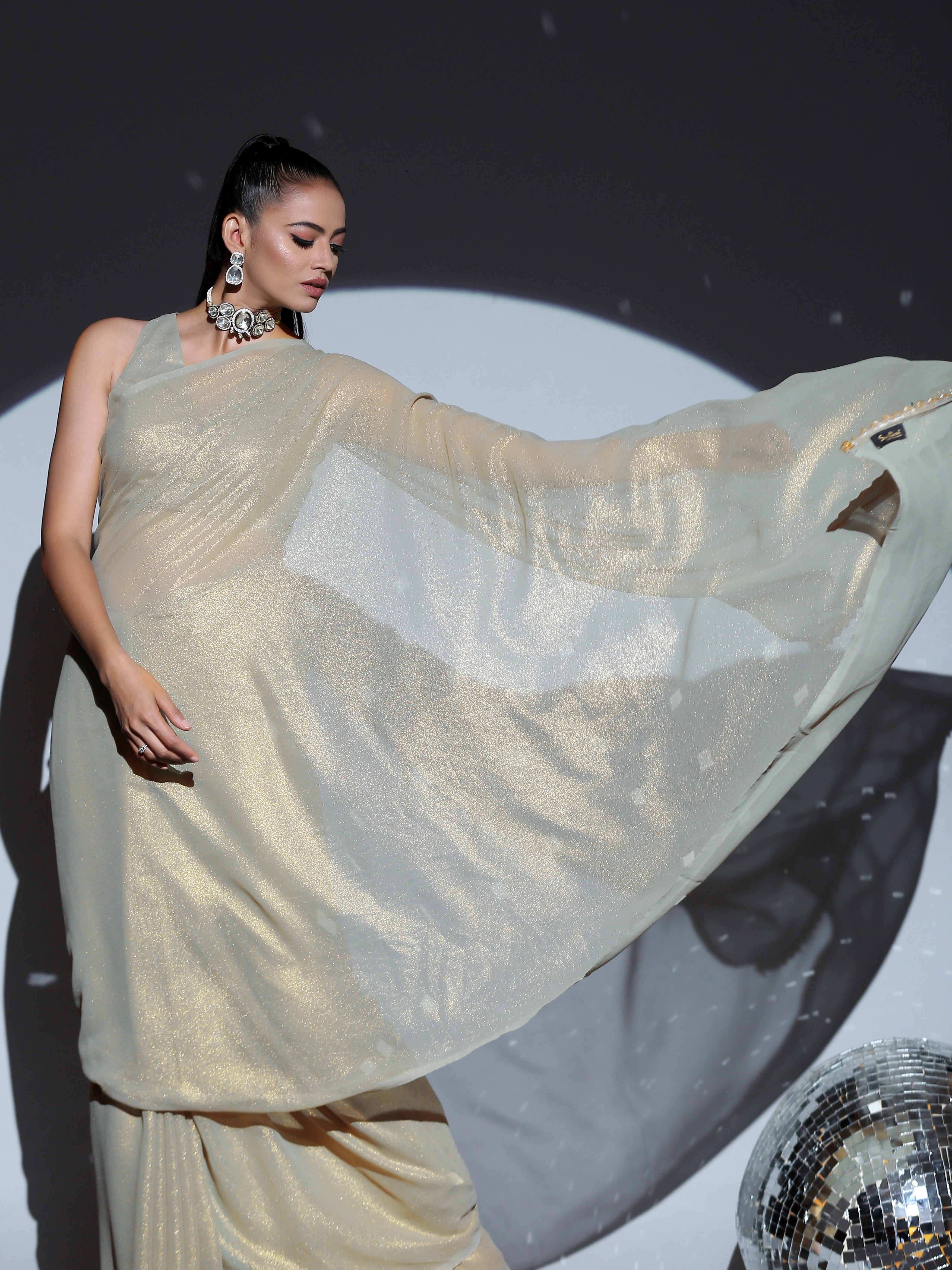 Pistachio gold chiffon saree with lace — view 3