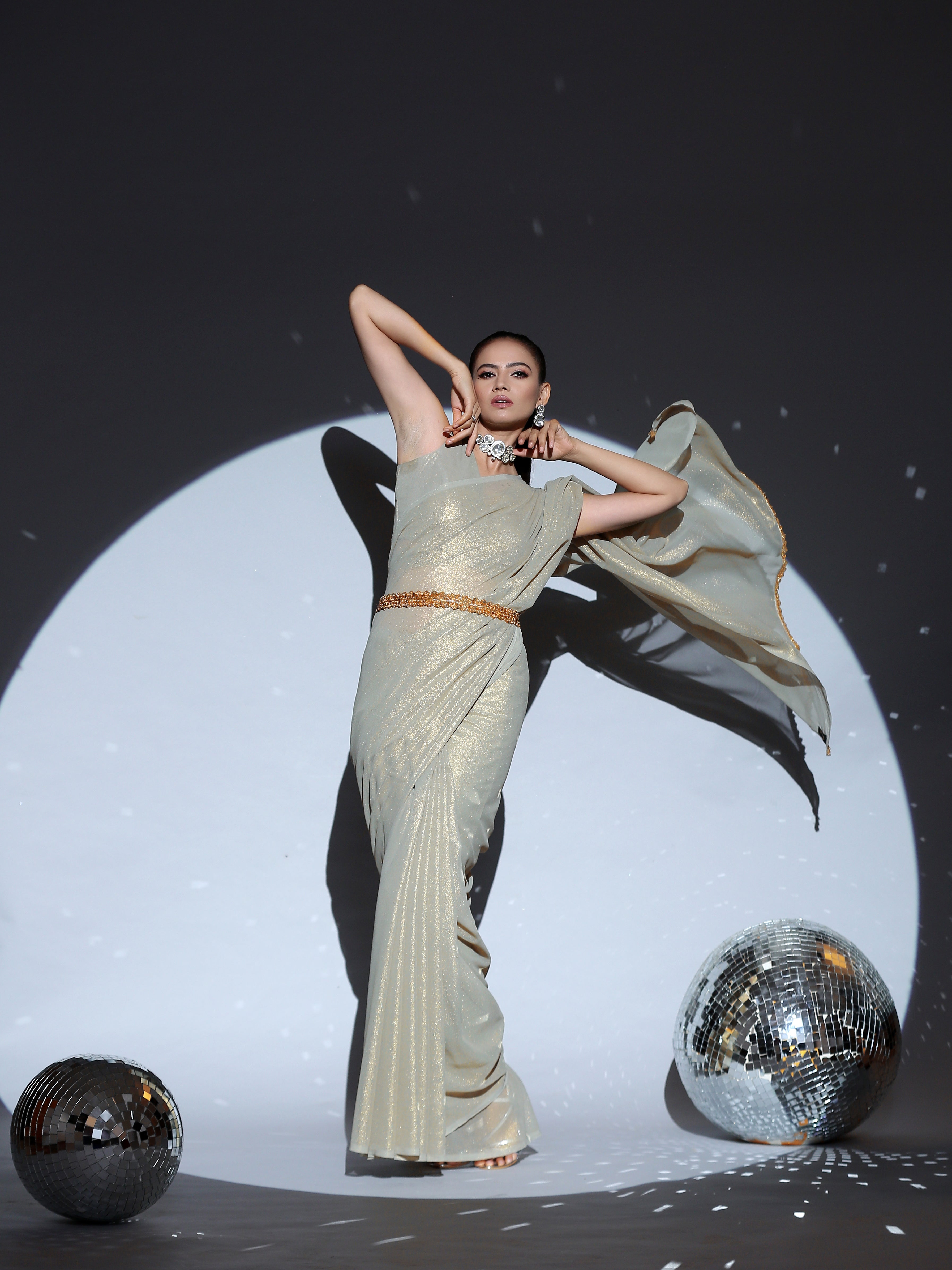 Pistachio gold chiffon saree with lace — view 4