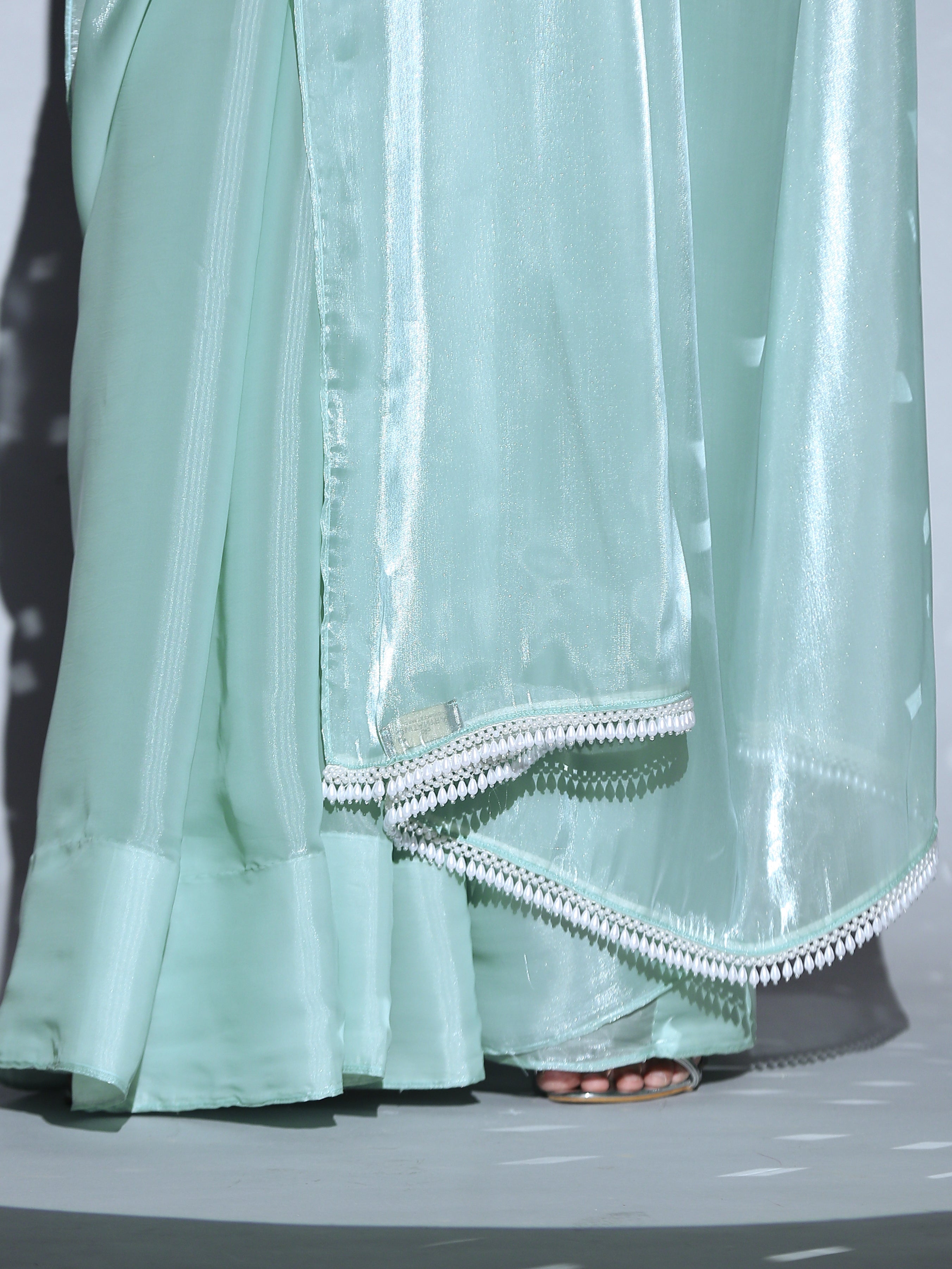 SET | Blue Pearl Organza Saree + Blue Organza Blouse + Pearl drop Belt