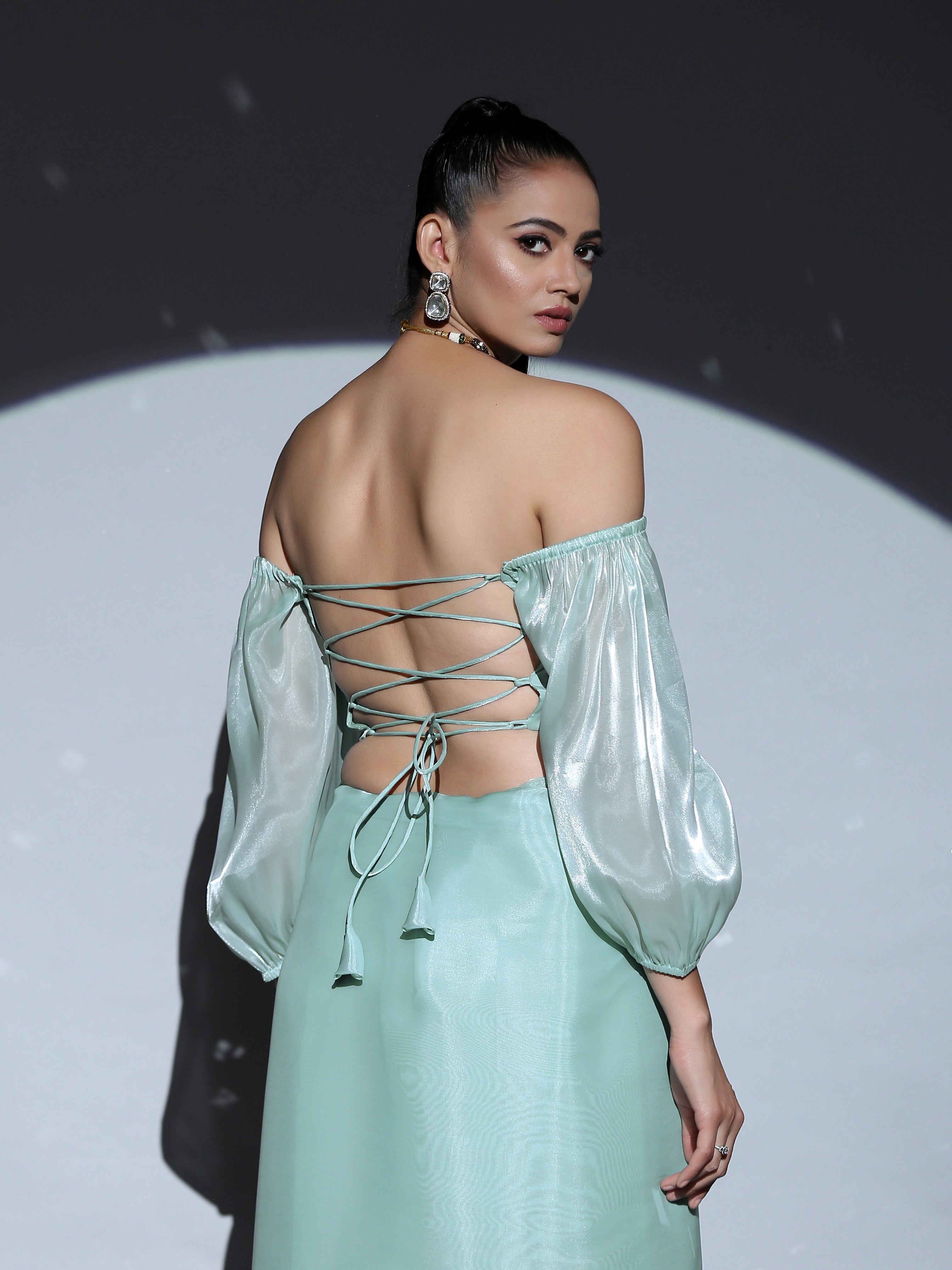 SET | Blue Pearl Organza Saree + Blue Organza Blouse + Pearl drop Belt