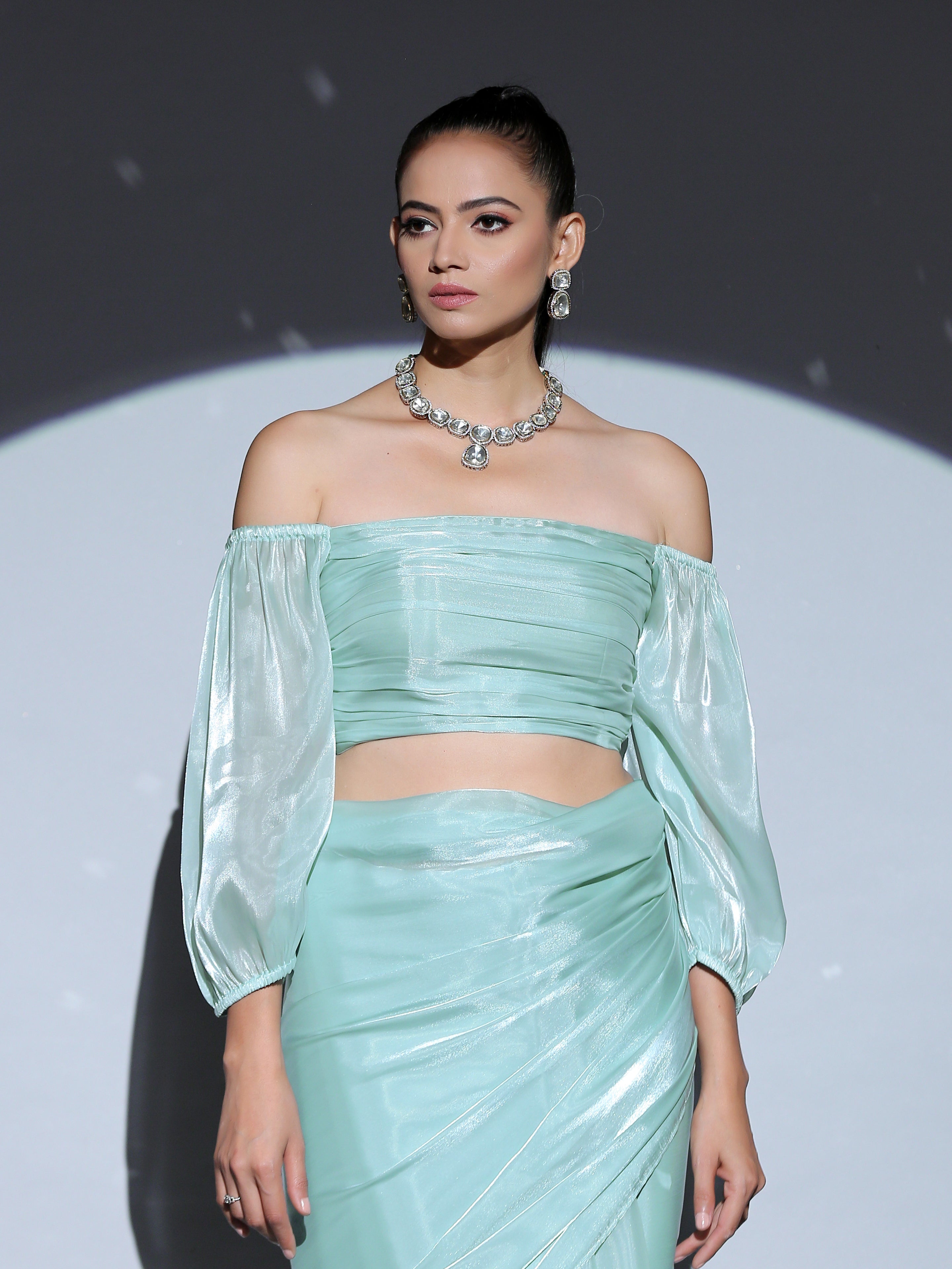 SET | Blue Pearl Organza Saree + Blue Organza Blouse + Pearl drop Belt