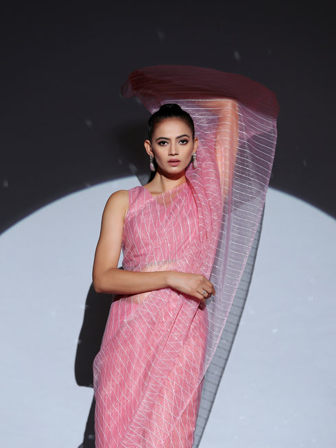 Pink Sparkle Organza Saree with Beaded Lace