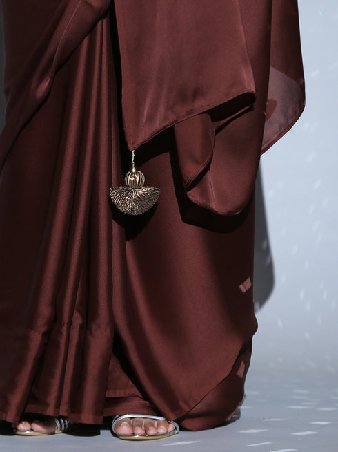 SET | Exotic Dark Chocolate Satin Saree + Chocolate glass strap blouse + Glass belt