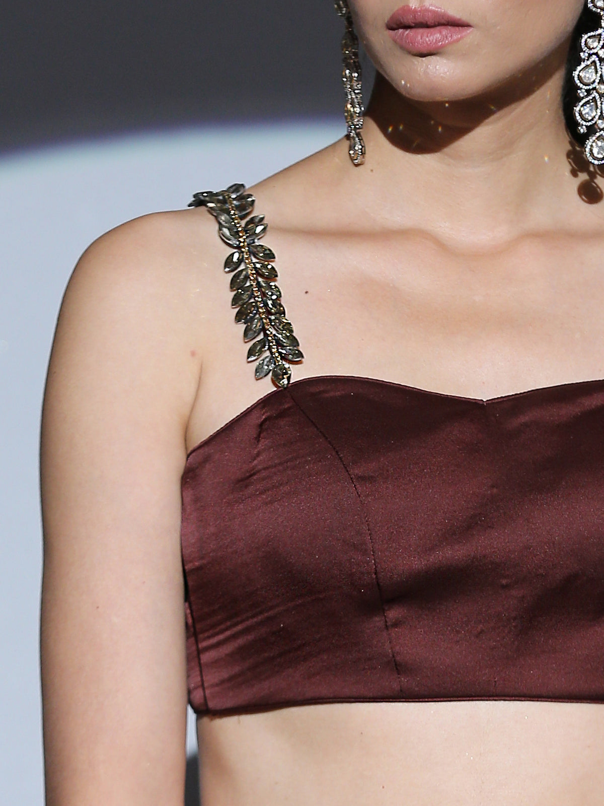 Exotic chocolate blouse with bronze glass straps — view 2