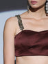 SET | Exotic Dark Chocolate Satin Saree + Chocolate glass strap blouse + Glass belt