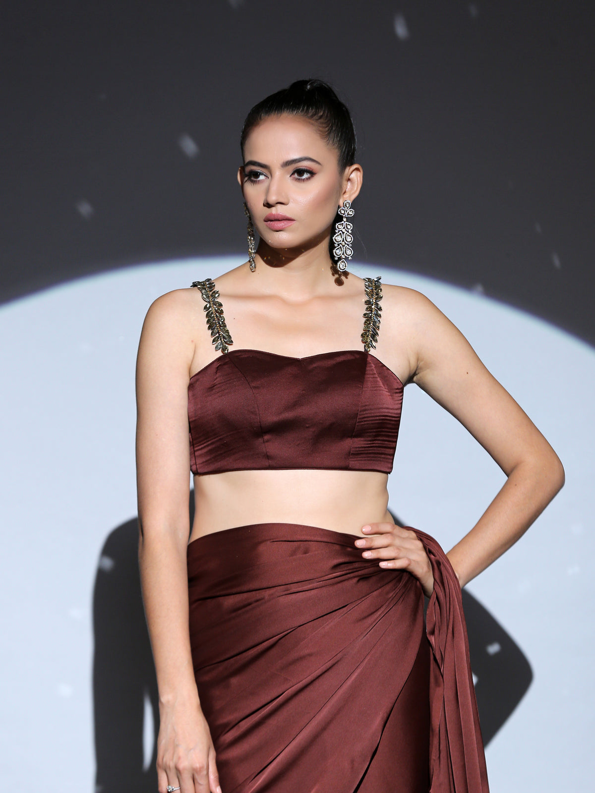 Exotic chocolate blouse with bronze glass straps