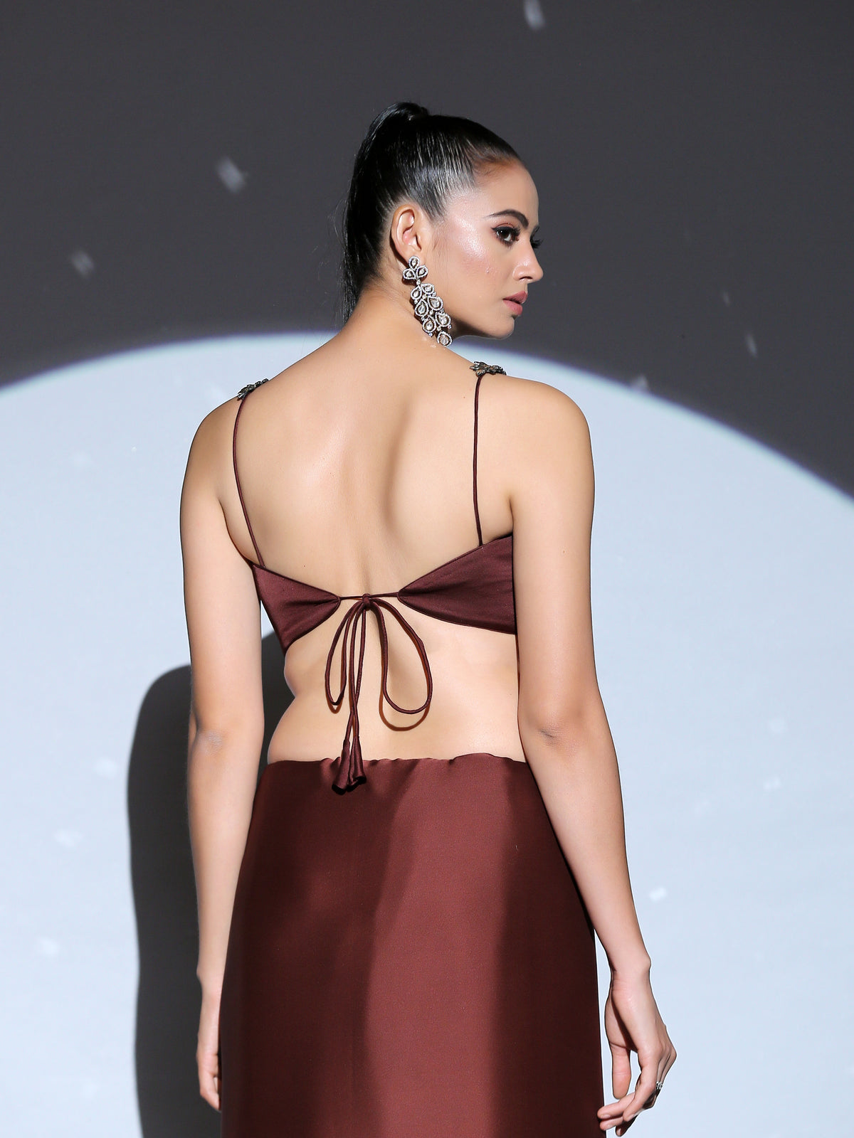Exotic chocolate blouse with bronze glass straps — view 3