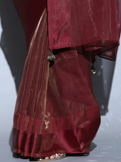Metallic Burgundy Organza Saree