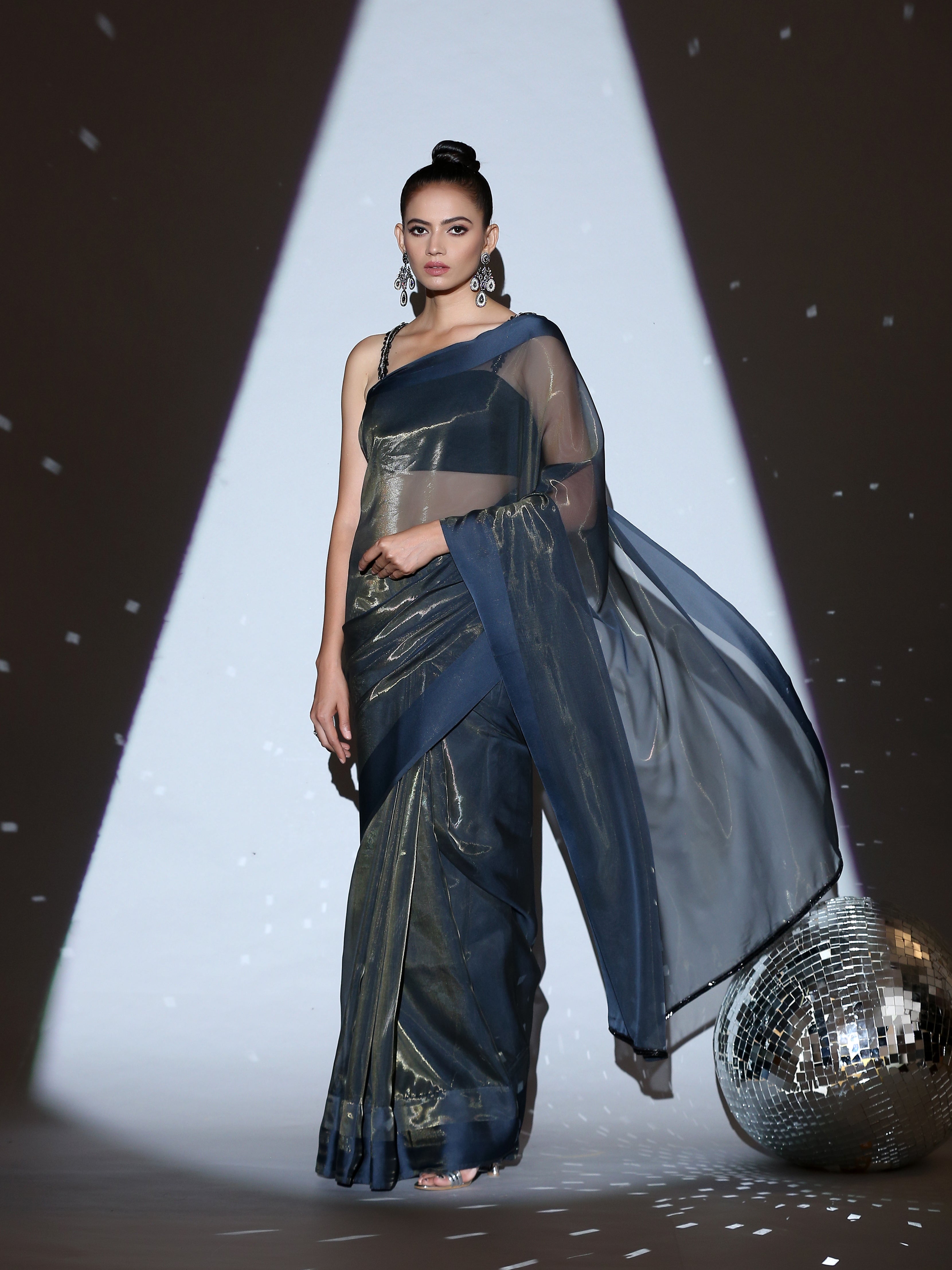 SET | Cosmic Blue Illusion Organza Saree + Black blouse with glass straps + Glass belt