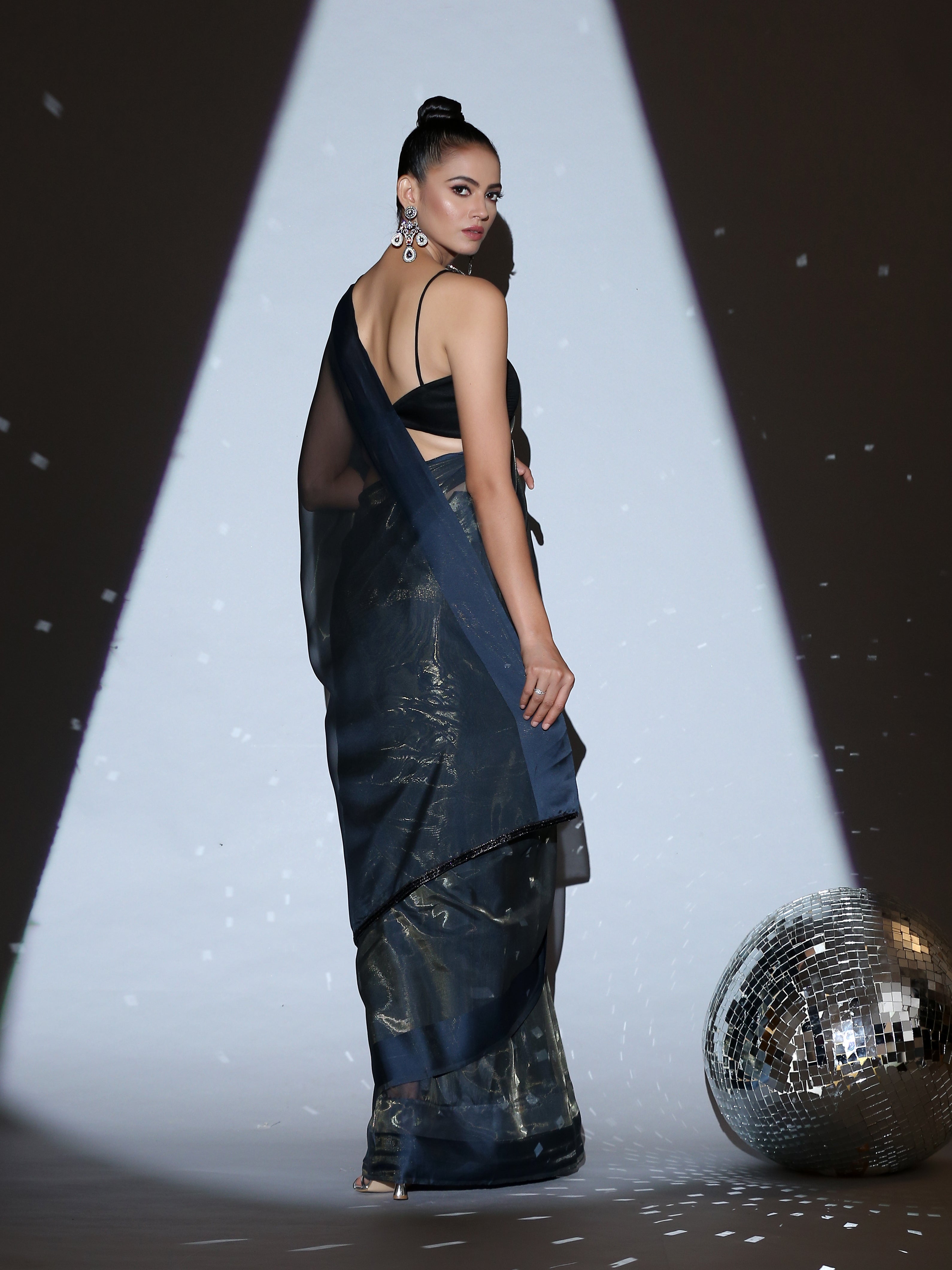 SET | Cosmic Blue Illusion Organza Saree + Black blouse with glass straps + Glass belt