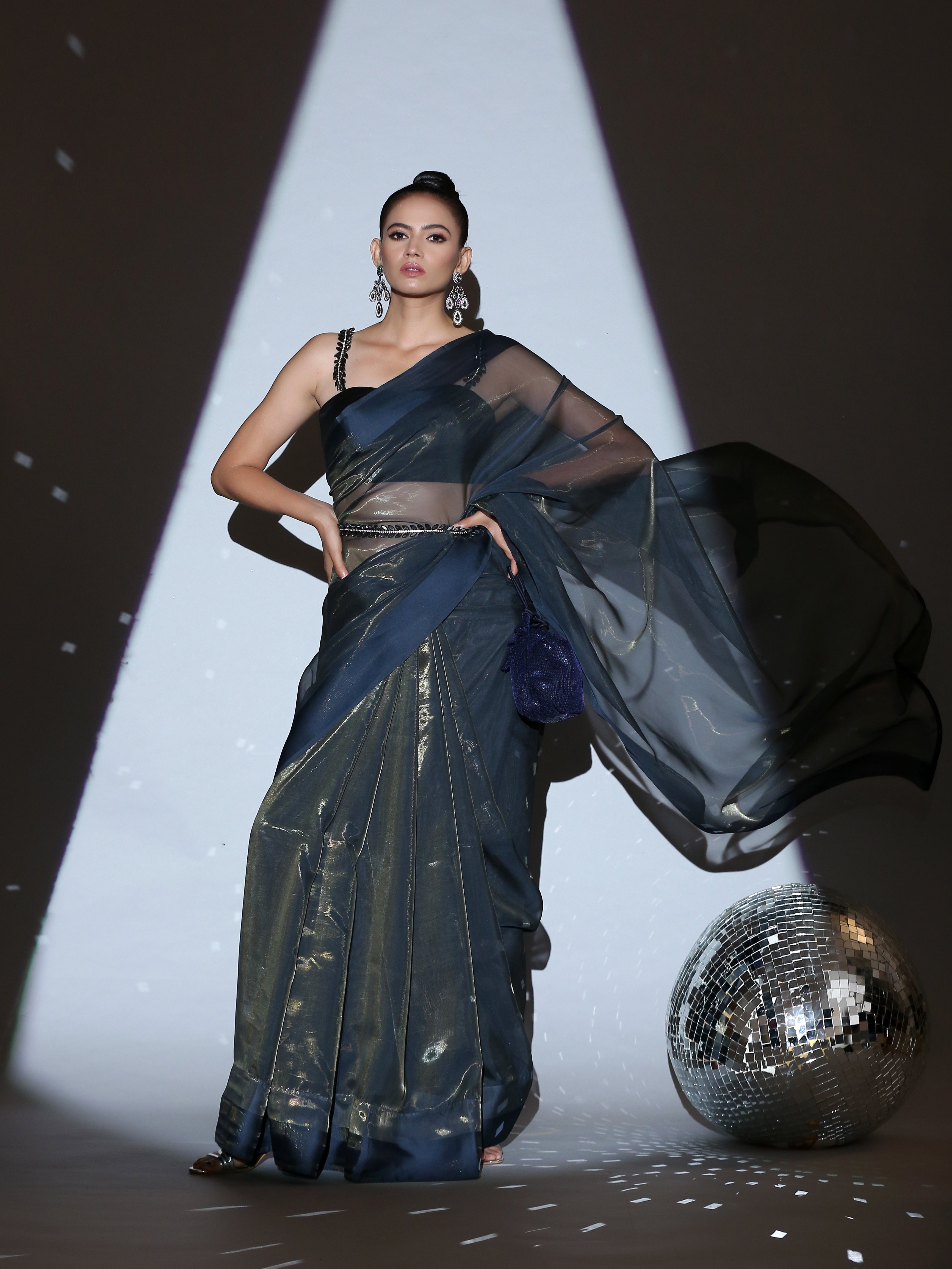 SET | Cosmic Blue Illusion Organza Saree + Black blouse with glass straps + Glass belt