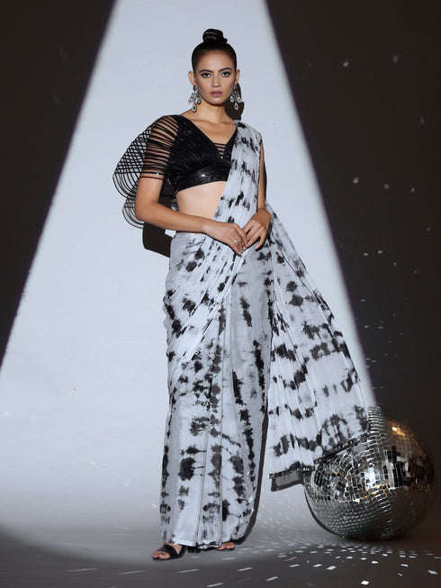 Tie Dye Black Grey Mirror Saree