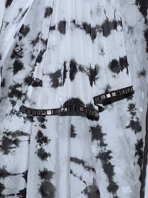 SET | Black White Tie Dye Saree + Black impressions blouse