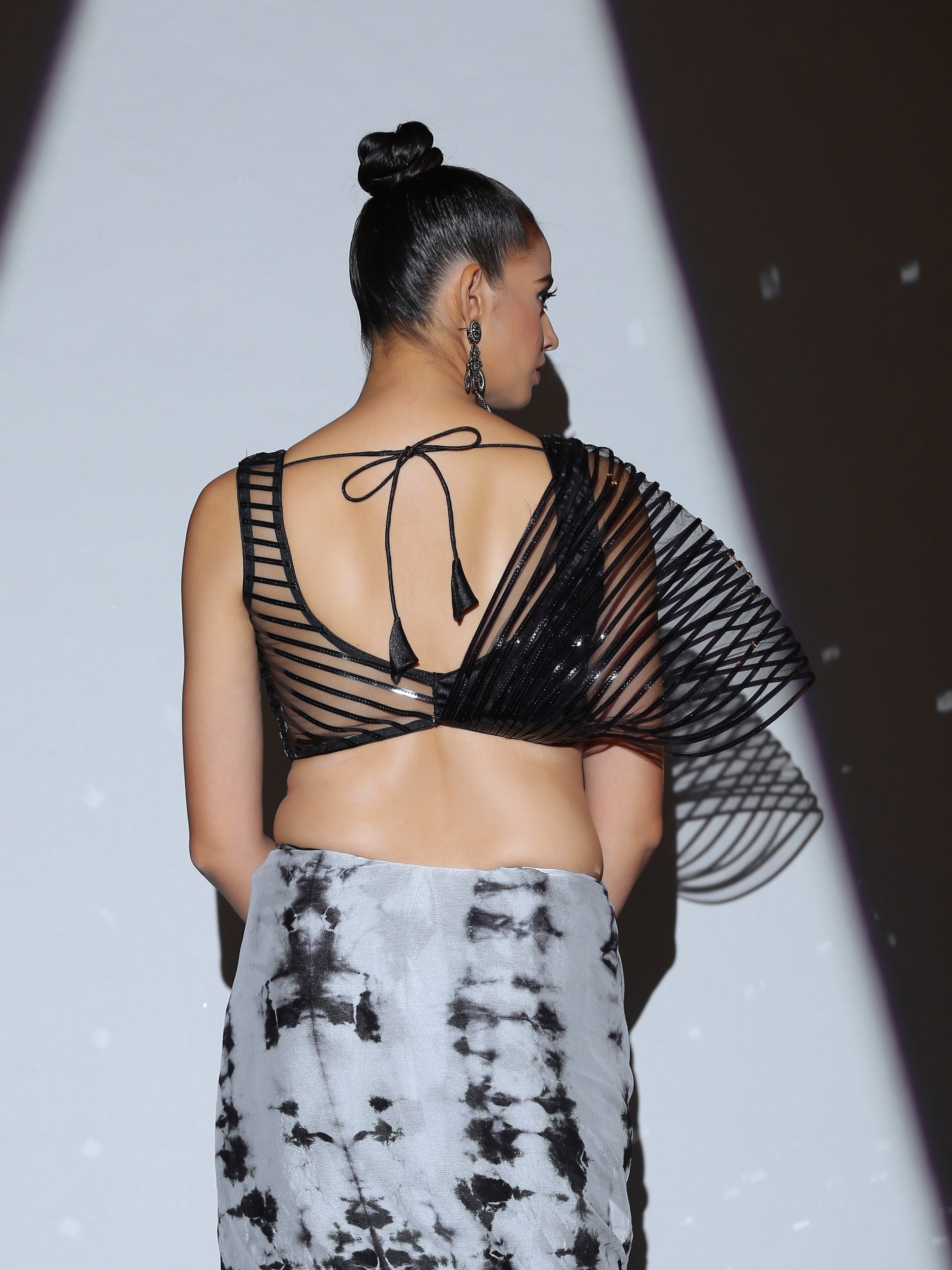 SET | Black White Tie Dye Saree + Black impressions blouse