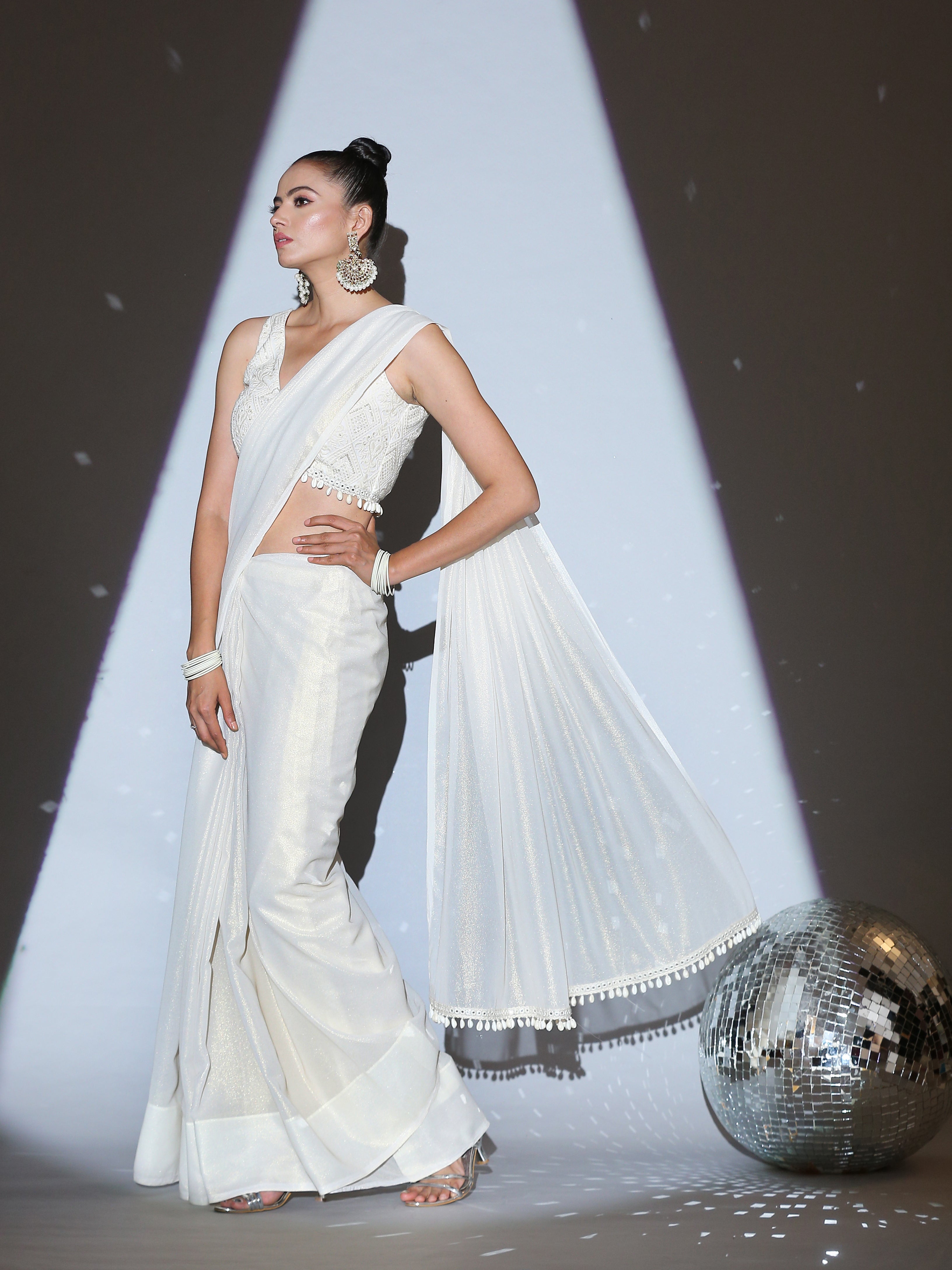 White Gold Chiffon Saree with Cowrie Lace