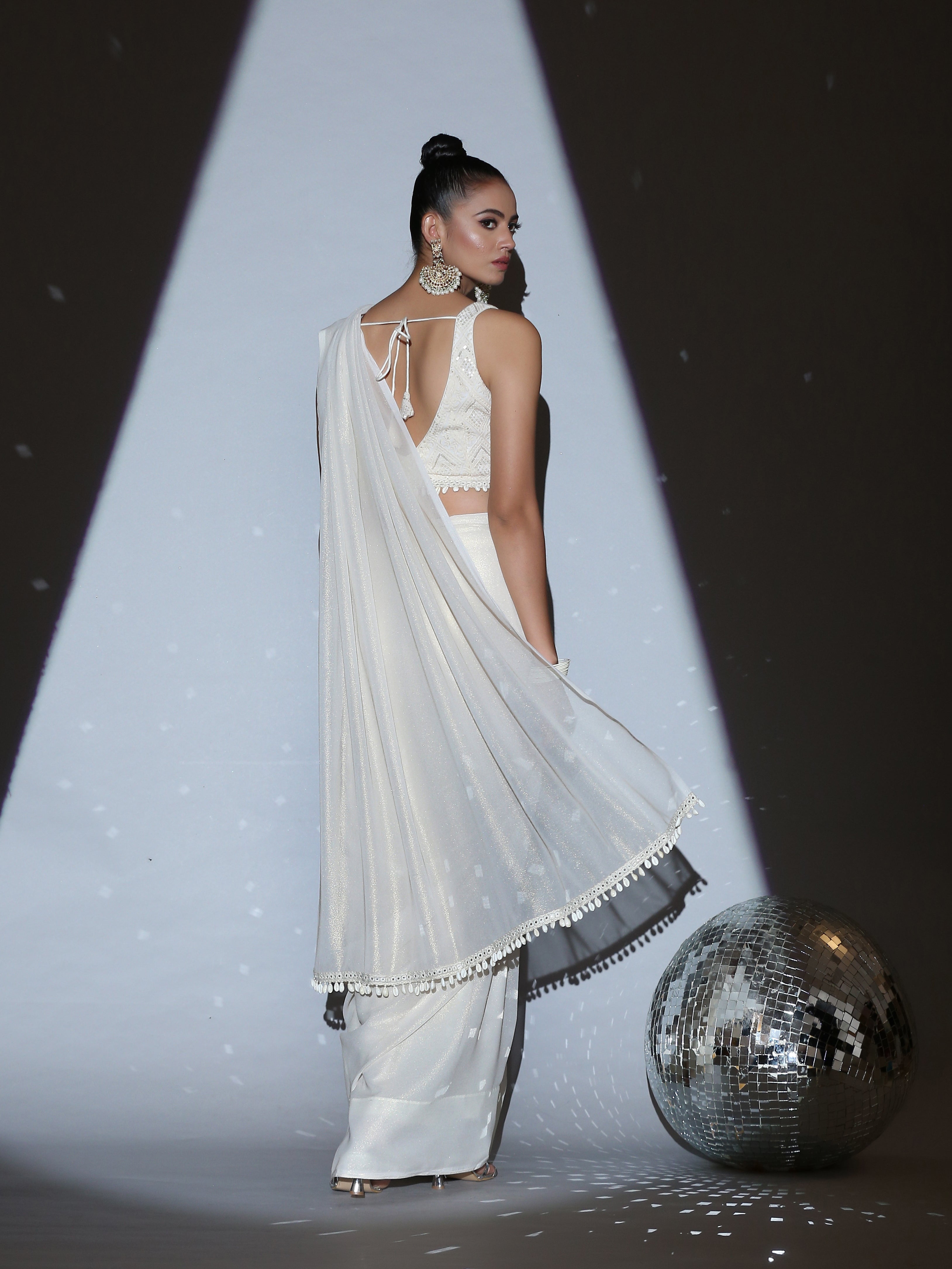 White Gold Chiffon Saree with Cowrie Lace