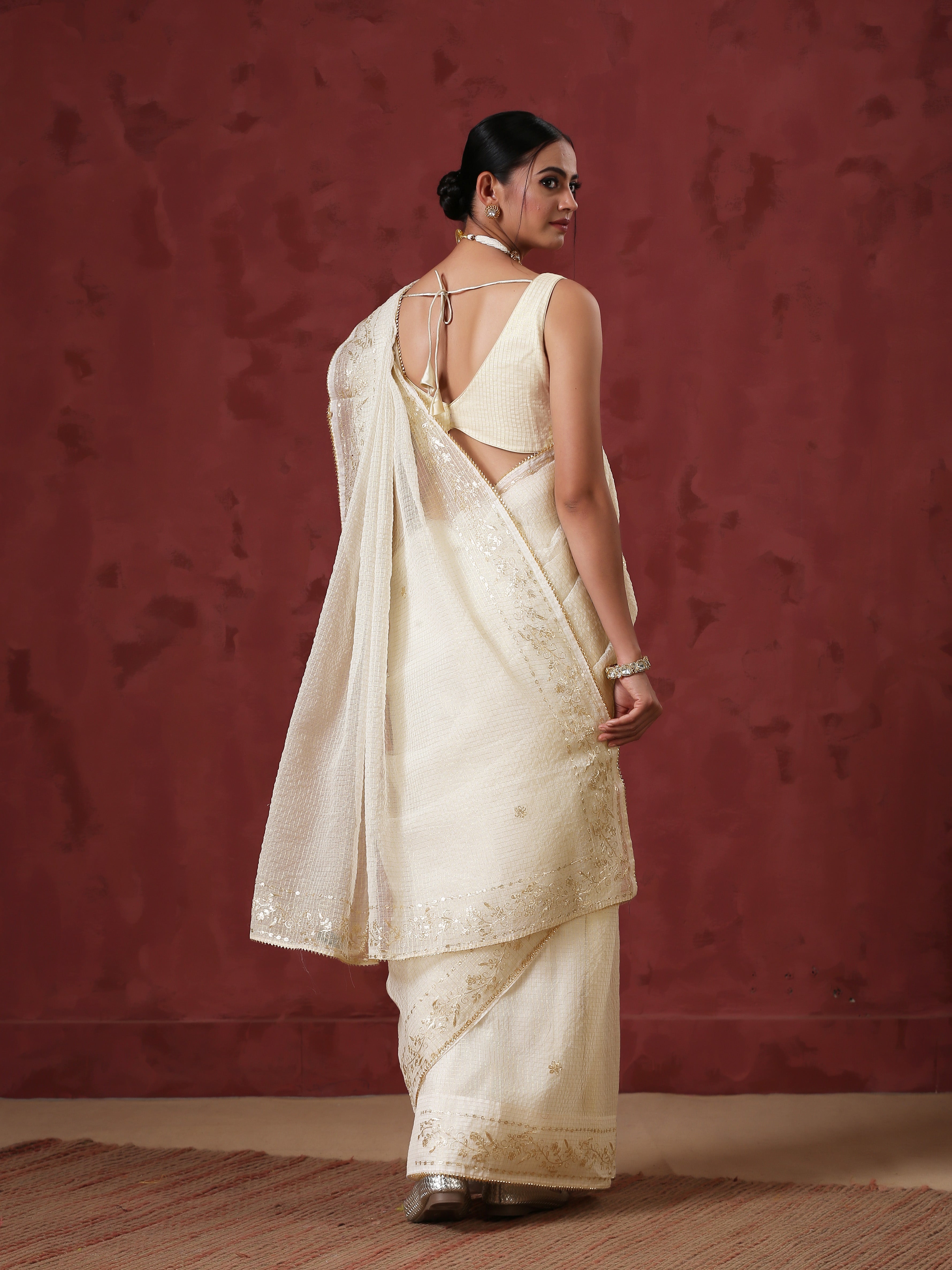 Pitta cream kota hand embroidered saree — view 5