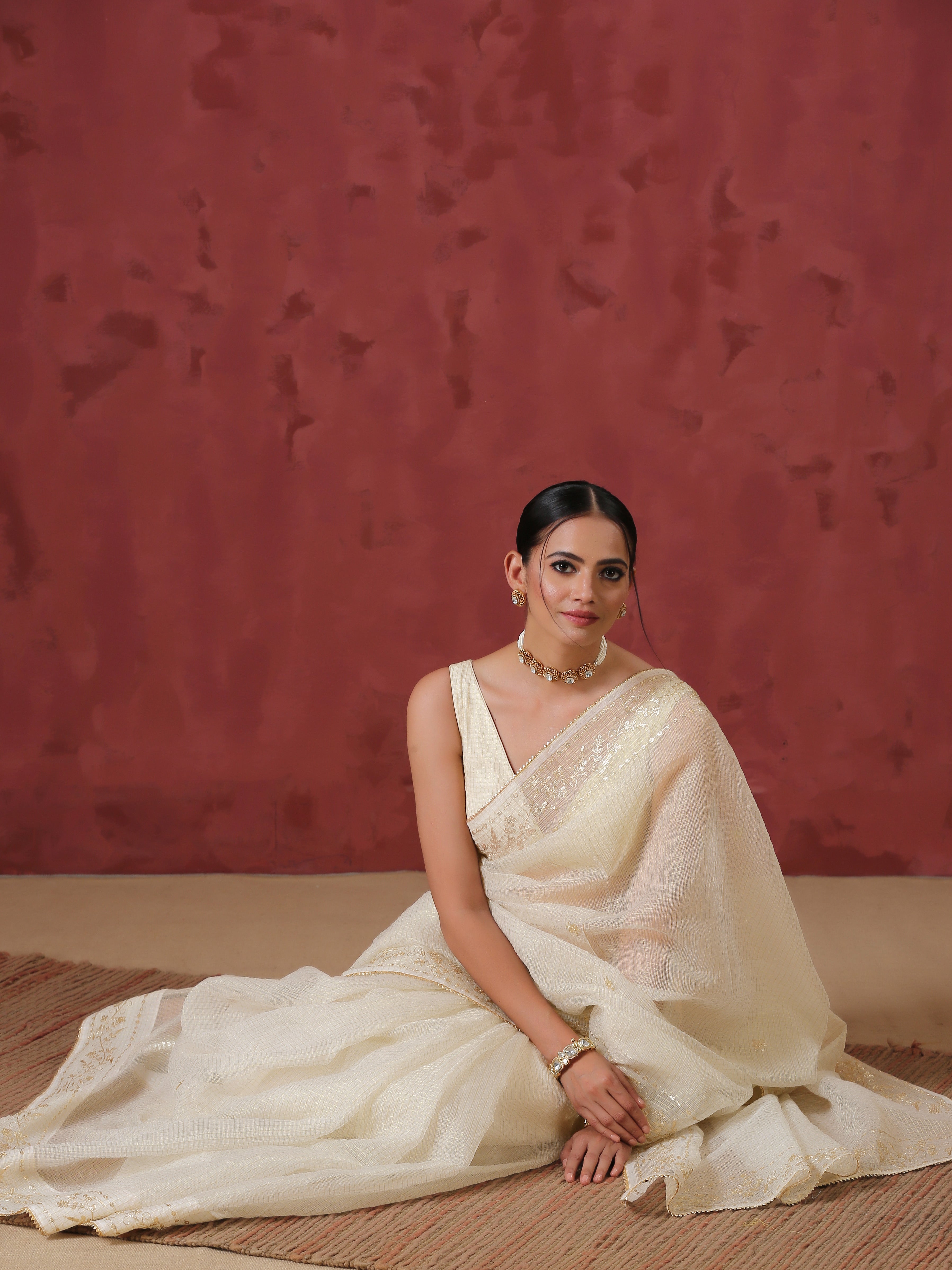 Pitta cream kota hand embroidered saree — view 3