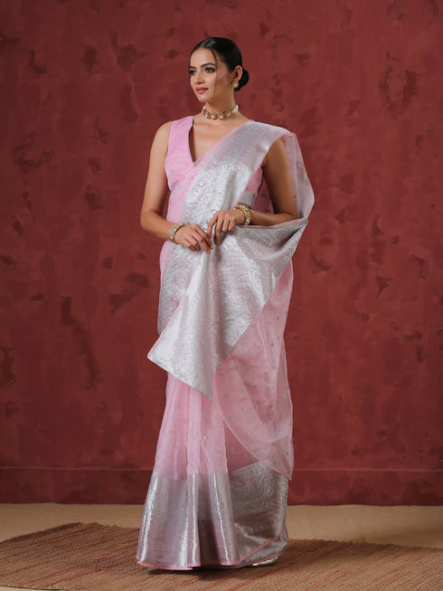 Ornate Pink Embroidered Organza Saree with Silver Border