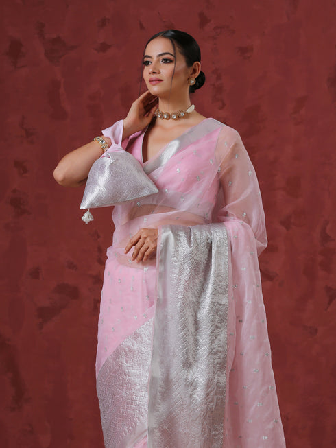Ornate Pink Embroidered Organza Saree with Silver Border