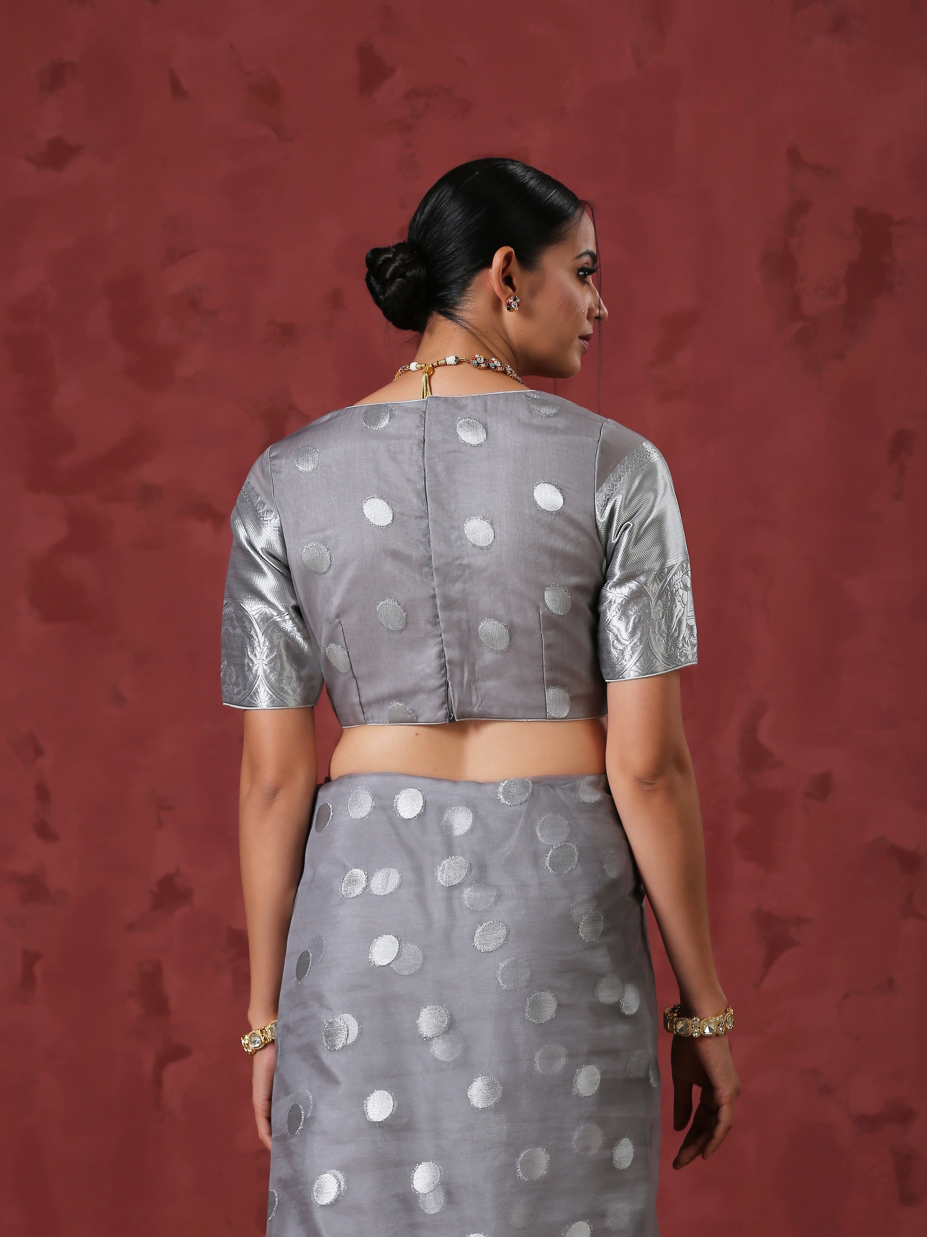 Grey Dot Organza Blouse with Border on Sleeves