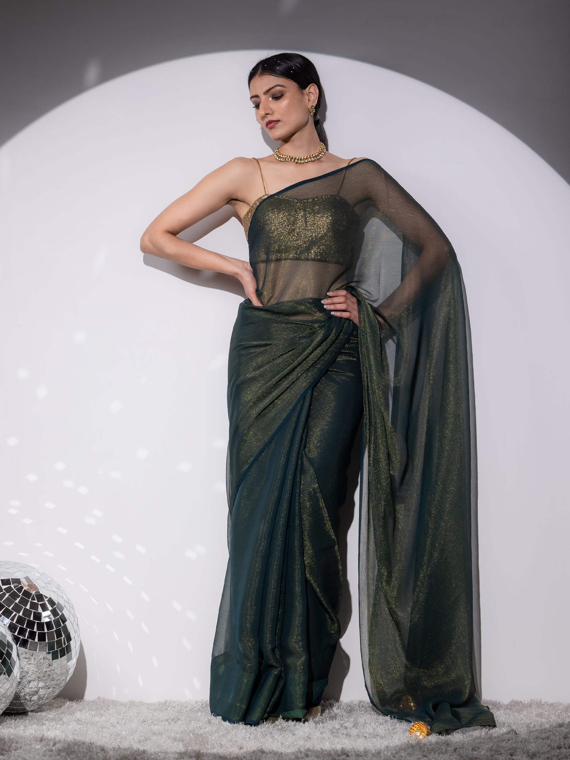 Henna shimmer and shine chiffon saree with pendants — view 5