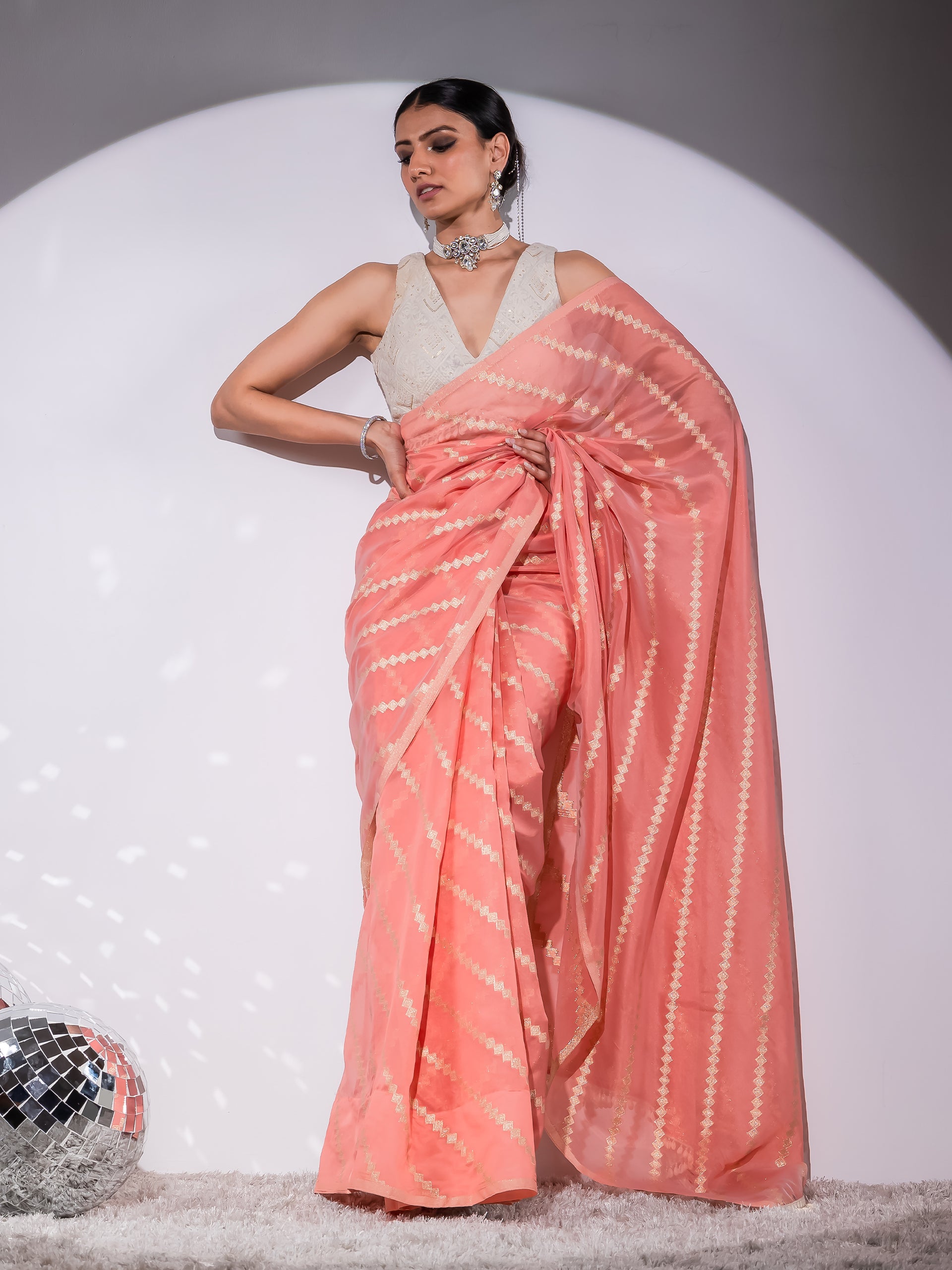 Chevron Pink Organza Saree with Cowrie Lace and Blouse Fabric